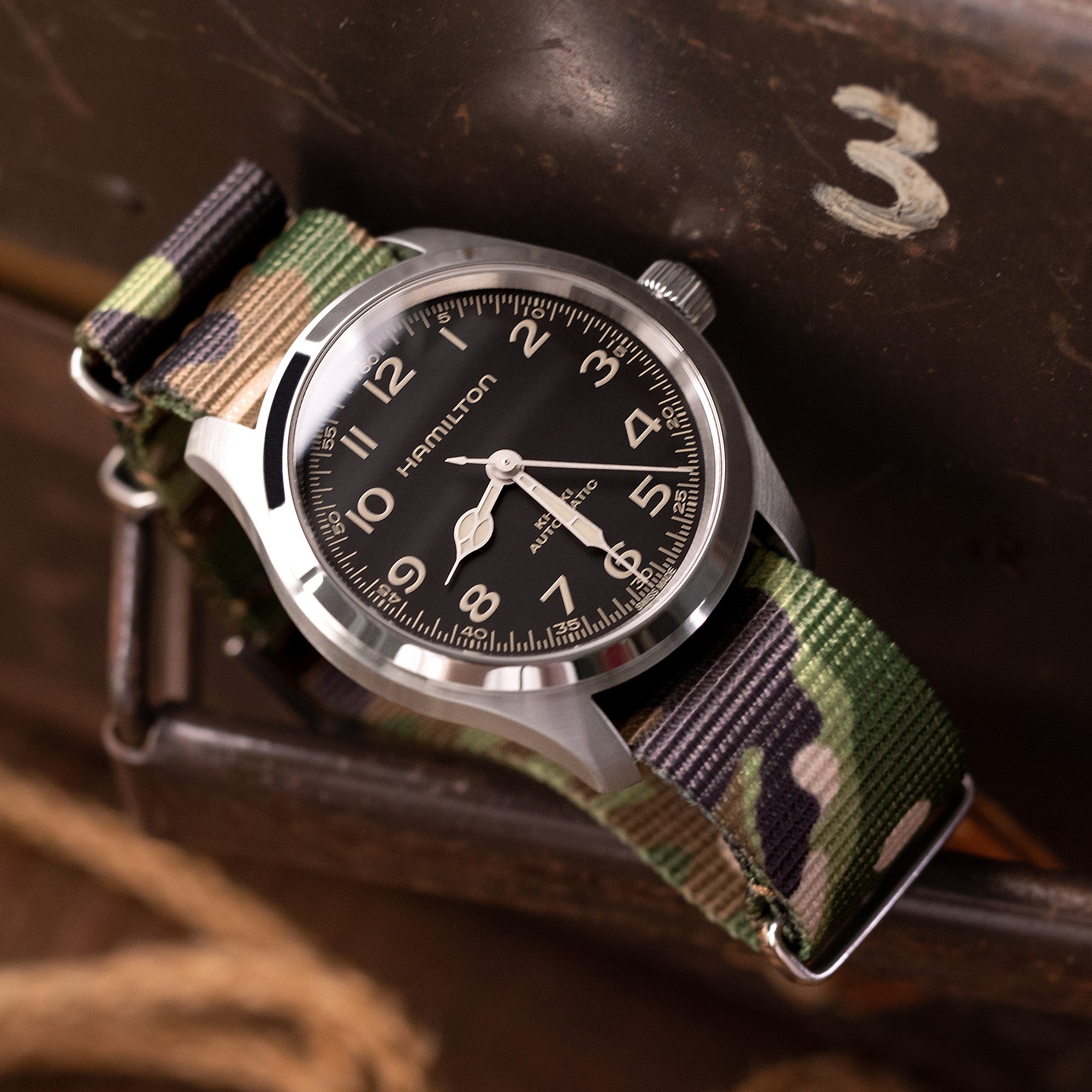 20mm One-piece Nylon Military Watch Strap, Woodland Camouflage, Polished