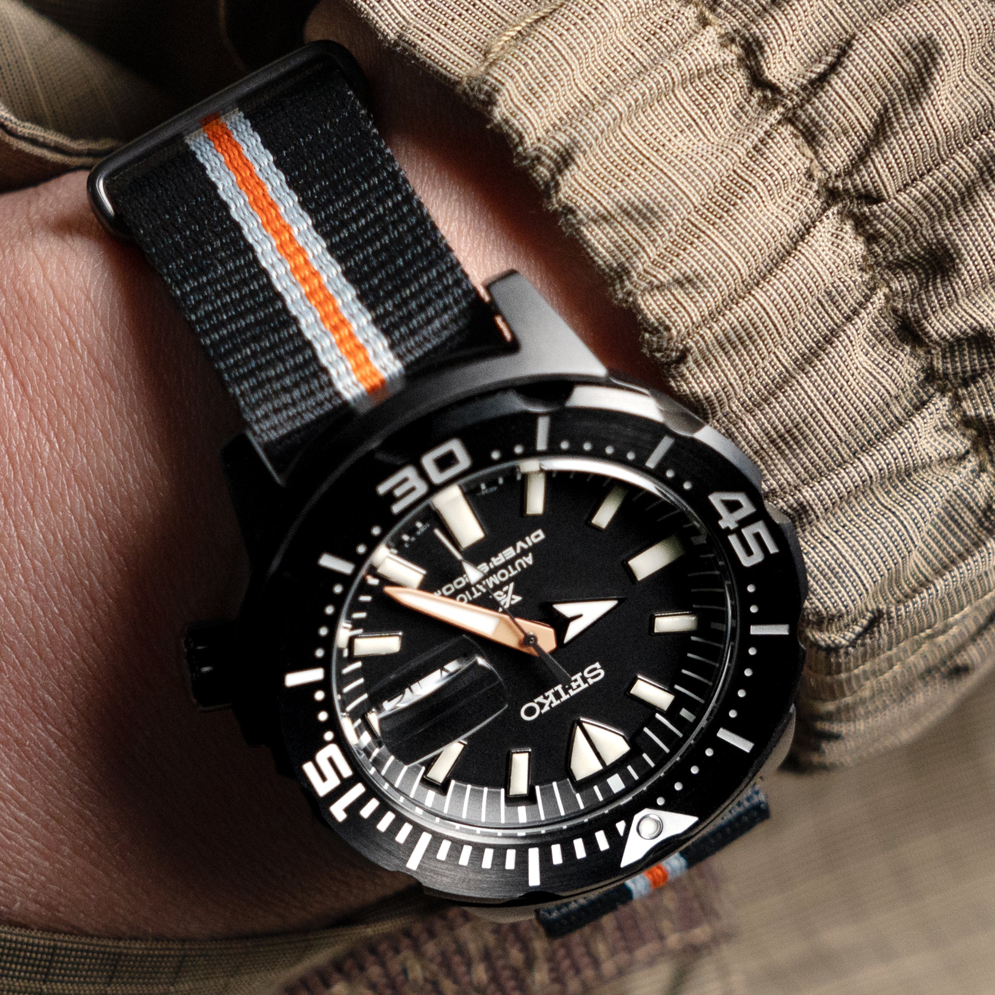 One-piece Nylon 20mm James Bond Black+Grey+Orange Watch Band - IP Black Buckle