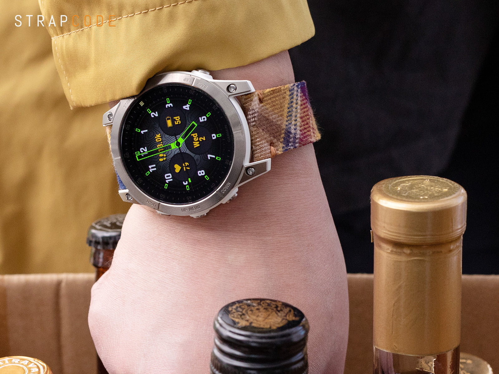 Garmin EPIX Gen 2 Sapphire Titanium GPS Watch 47 mm pairs Stewart Camel Tartan Pattern Watch Strap from Strapcode