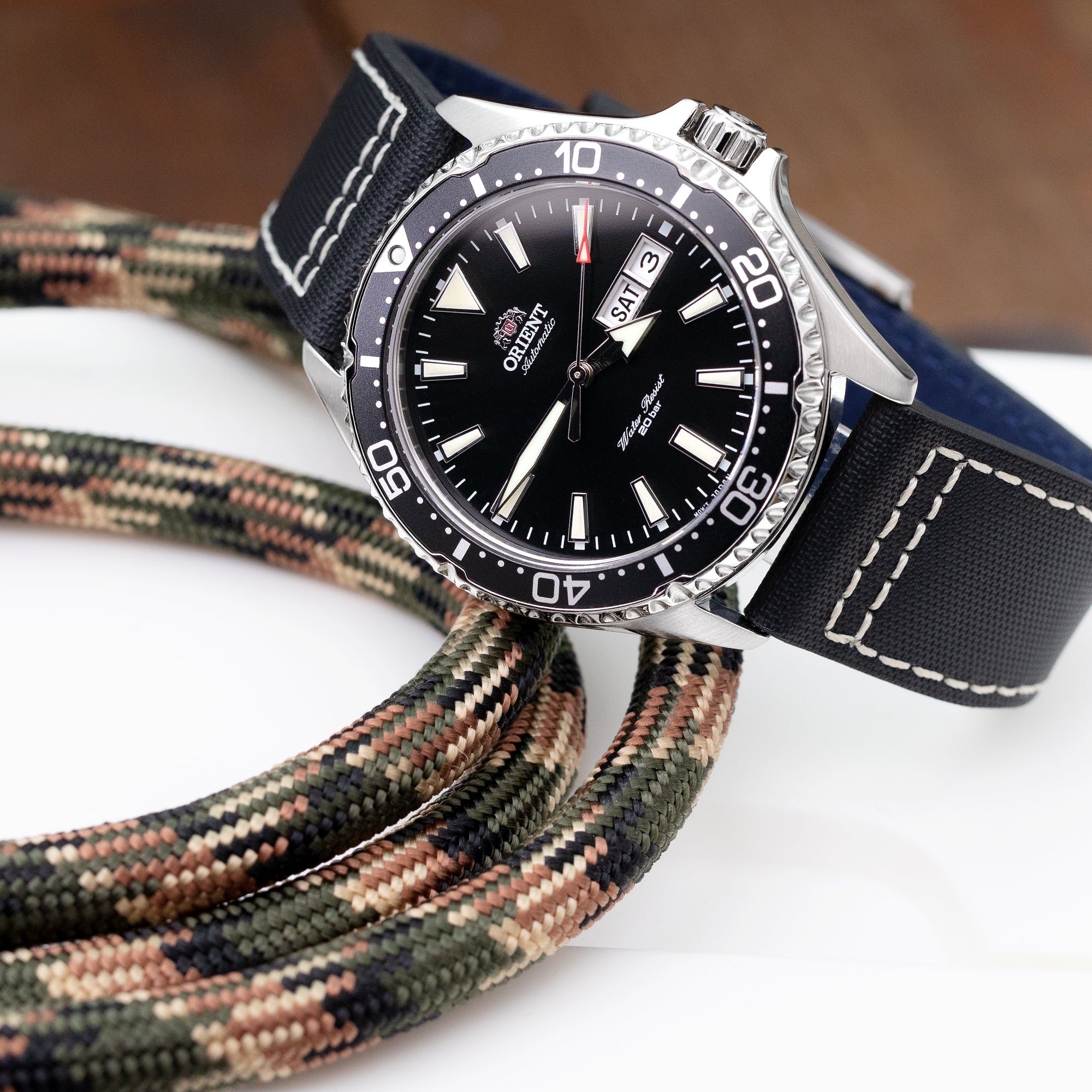 MiLTAT 22mm Pilot Black Woven Texture Watch Band, Beige Stitching, Brushed
