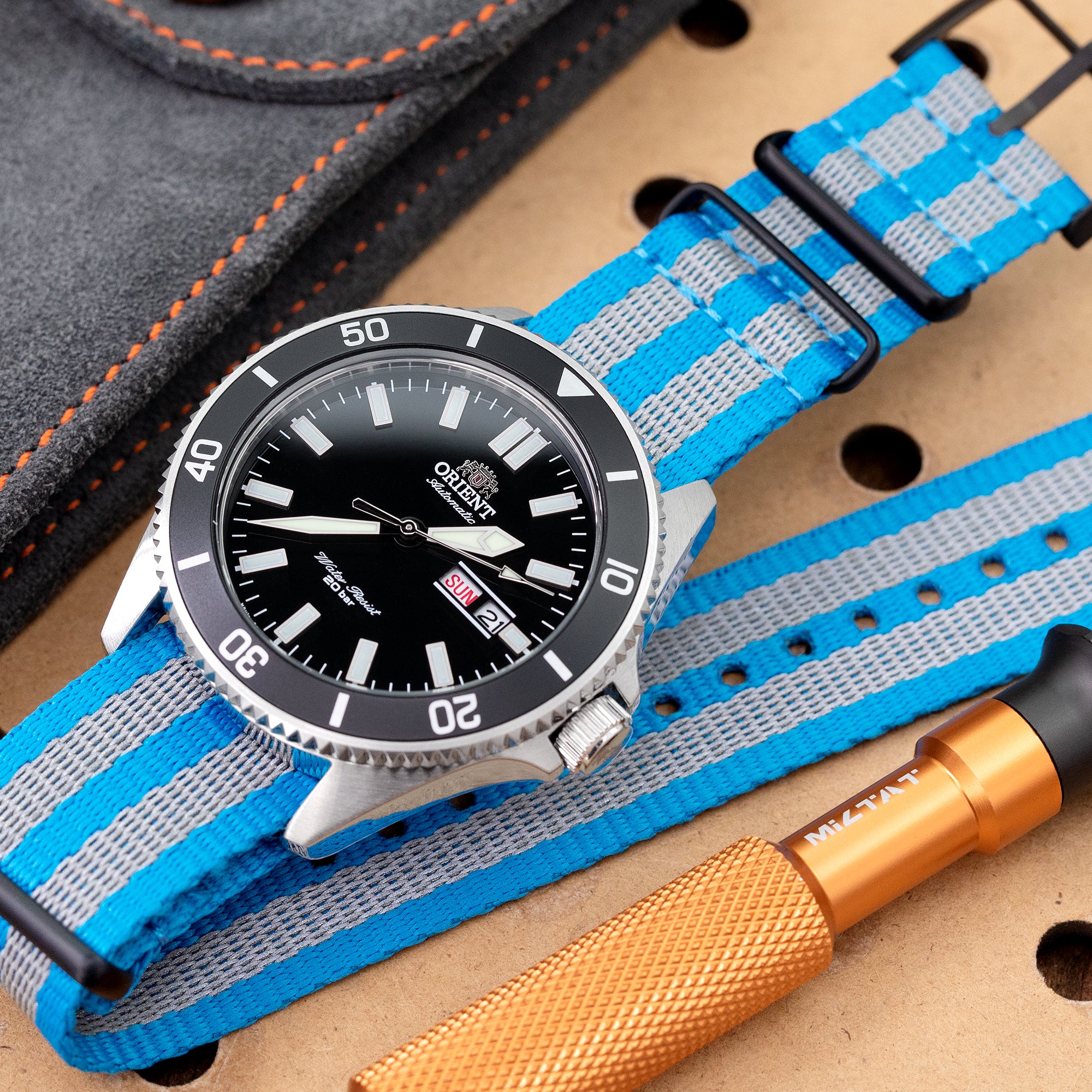 MiLTAT 22mm One-piece Nylon 3M Glow-in-the-Dark Watch Strap, PVD Black - Blue and Grey Stripes