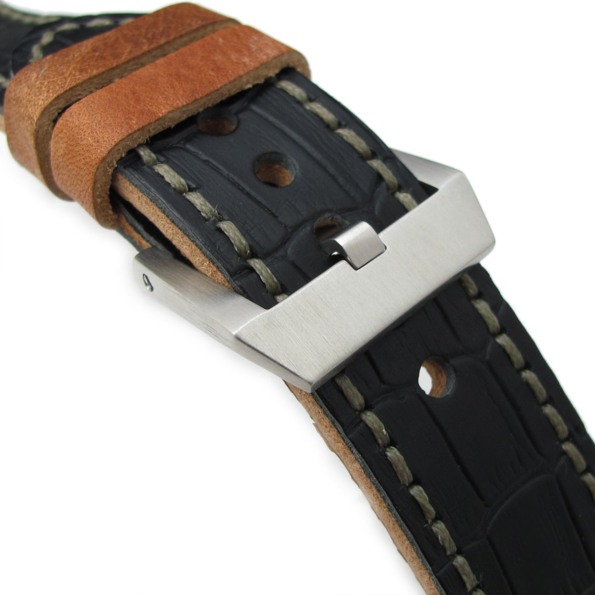 24mm MiLTAT Antipode Watch Strap Matte Black CrocoCalf in Grey Hand Stitches Strapcode Watch Bands