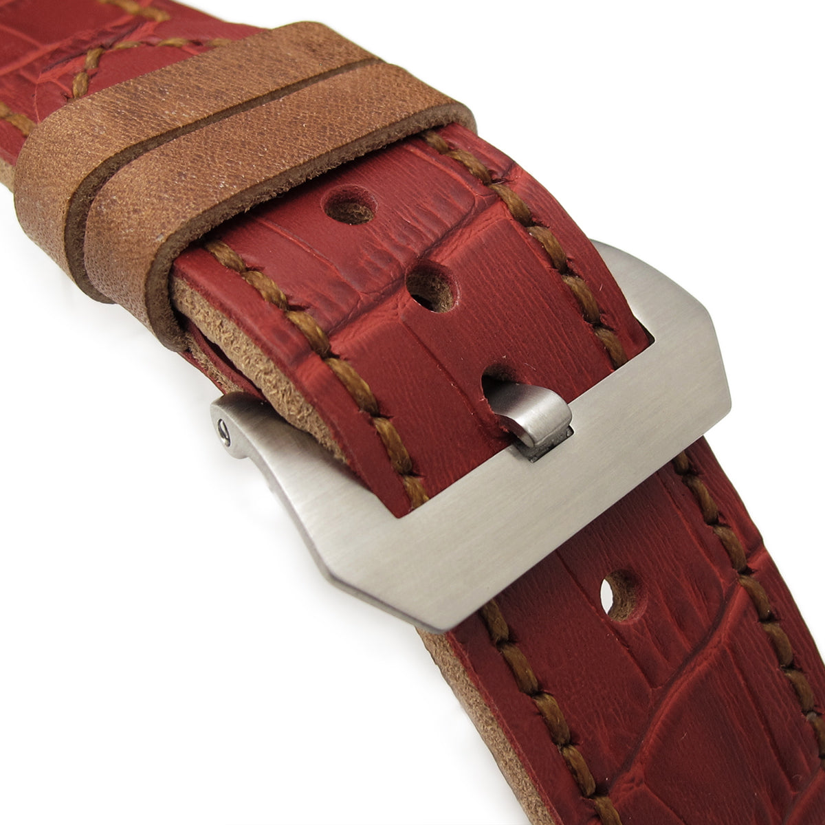 26mm MiLTAT Antipode Watch Strap Matte Red CrocoCalf in Tan Hand Stitches Strapcode Watch Bands