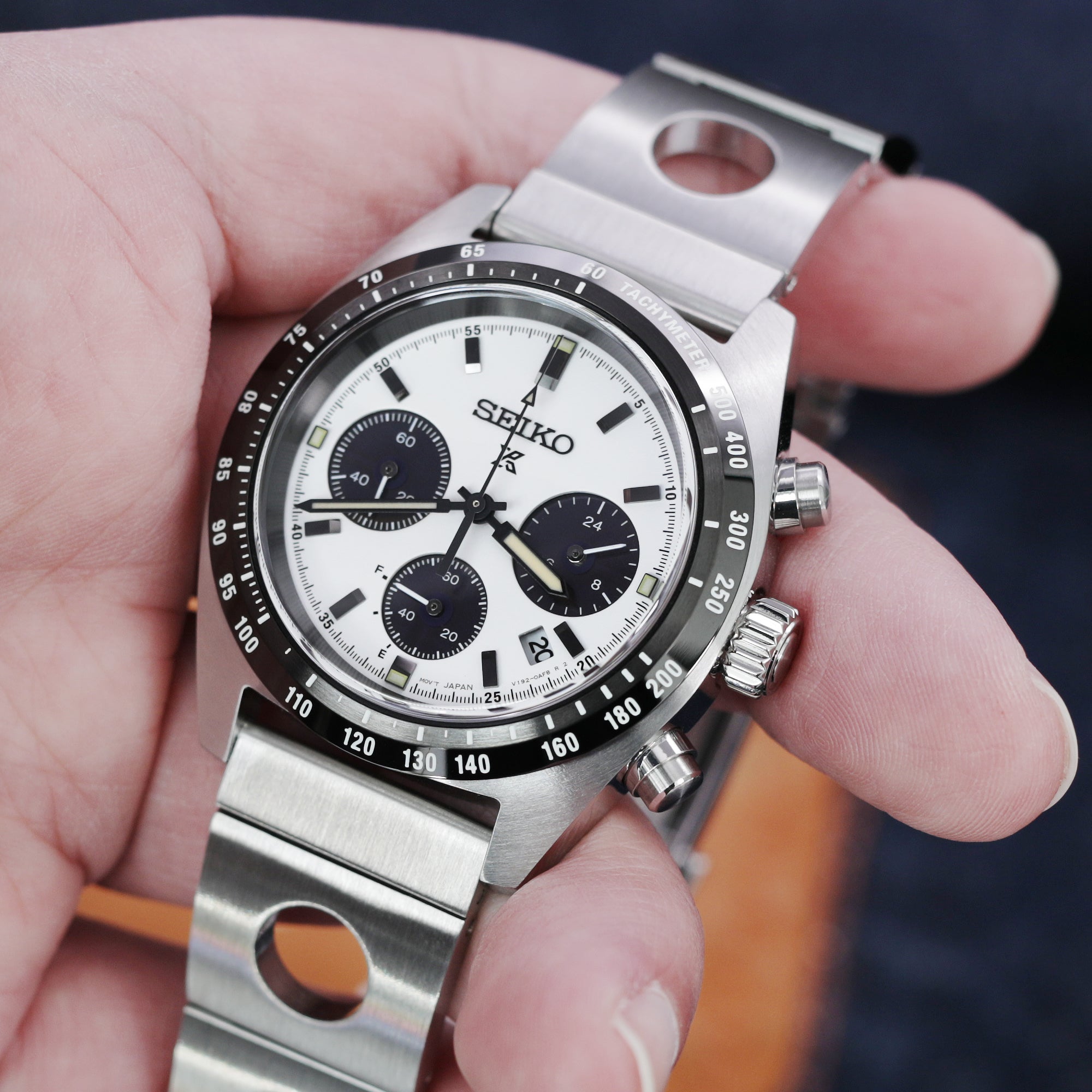 Seiko Speedtimer Panda chronograph SSC813 White Seitona metal watch bands by Strapcode