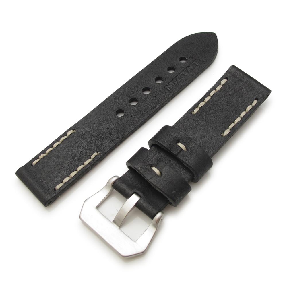 20mm 22mm MiLTAT Pull Up Leather Black Watch Strap Beige Hand Stitches Strapcode Watch Bands