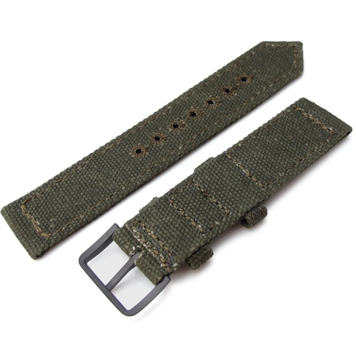 20mm 21mm or 22mm MiLTAT WW2 2-piece Military Green Washed Canvas Watch Band with lockstitch round hole PVD Black Strapcode Watch Bands