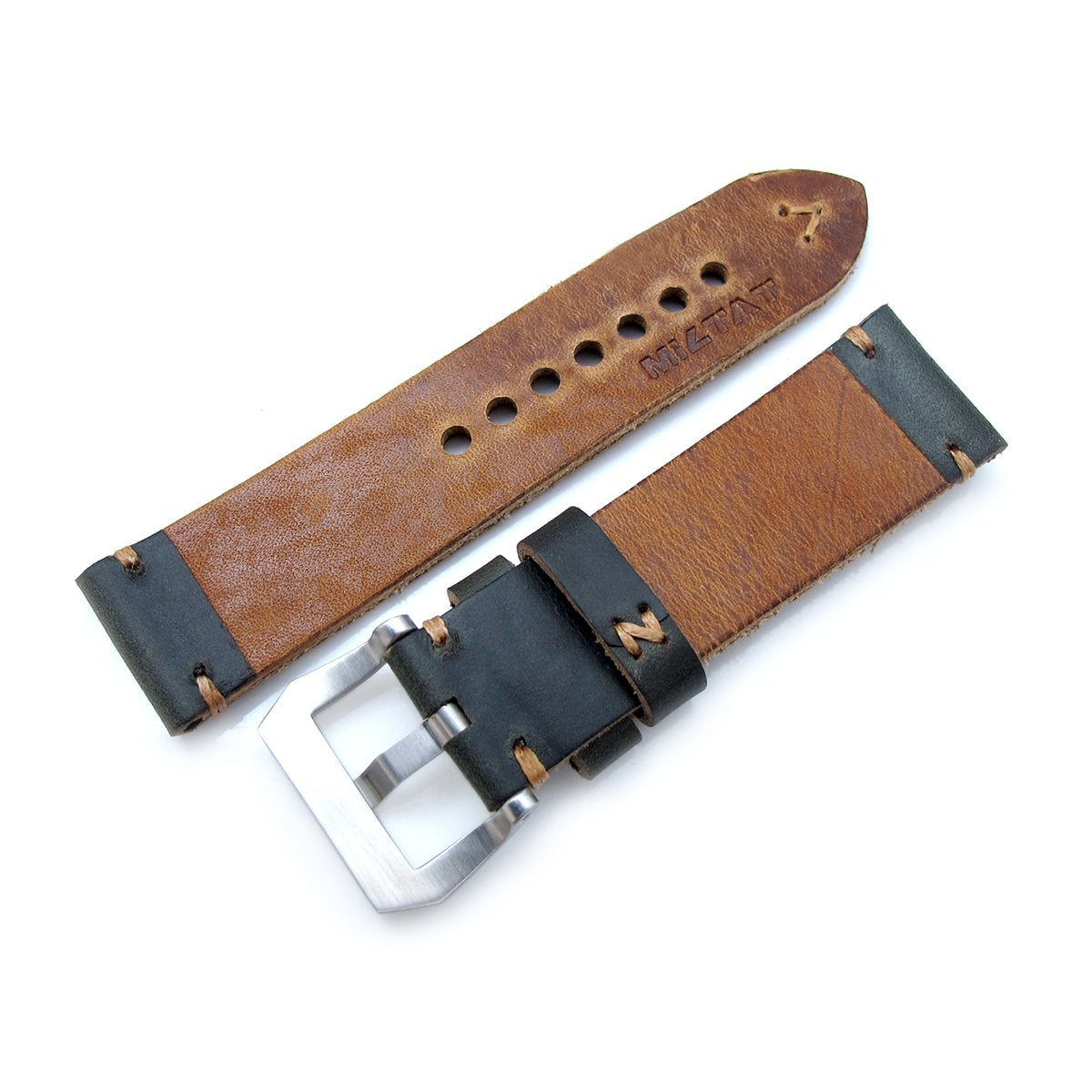 24mm MiLTAT Horween Chromexcel Watch Strap Blackish Green Brown Stitching Strapcode Watch Bands