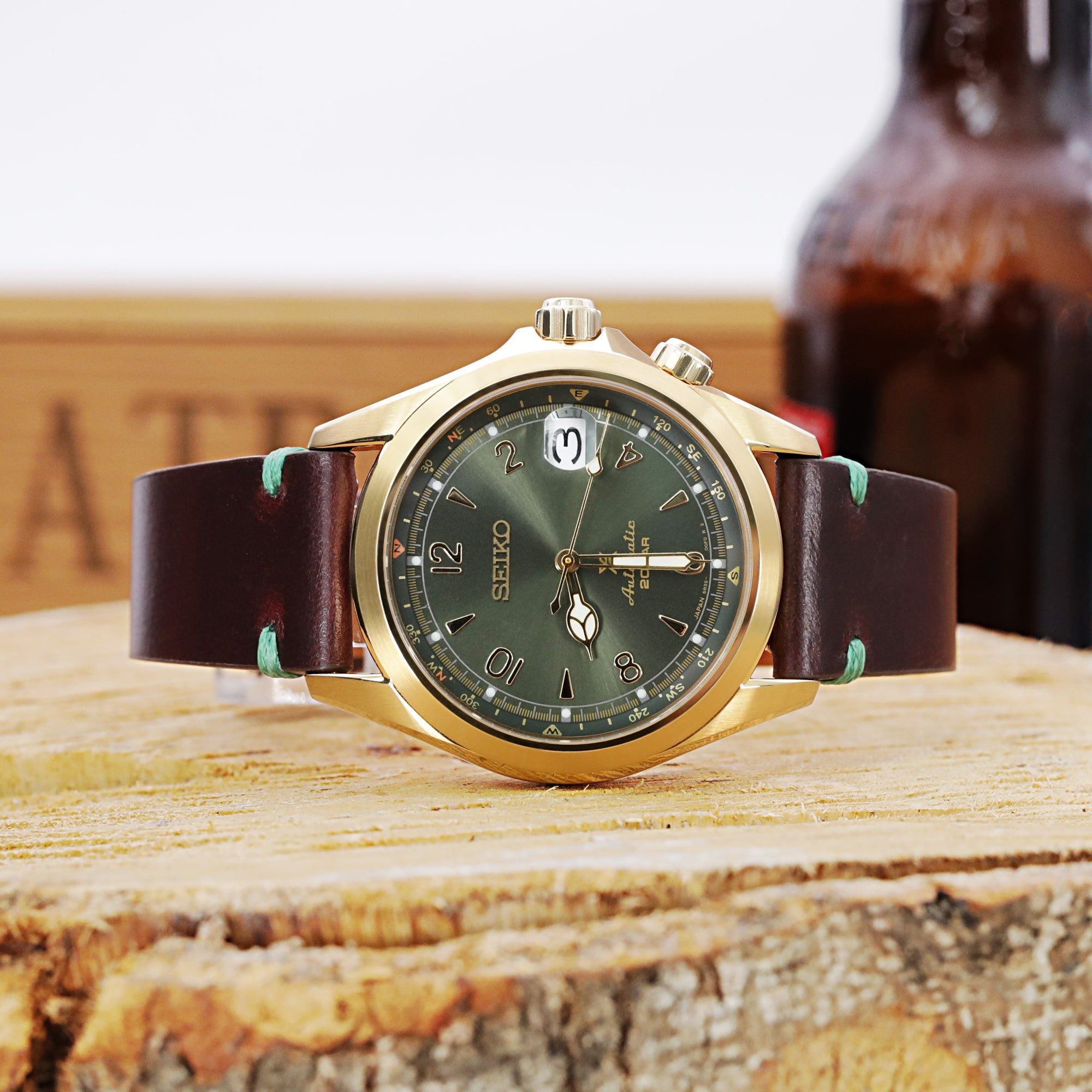 Q.R. 19mm, 20mm Burgundy Horween Chromexcel Watch Strap,Green Stitching Strapcode Watch Bands