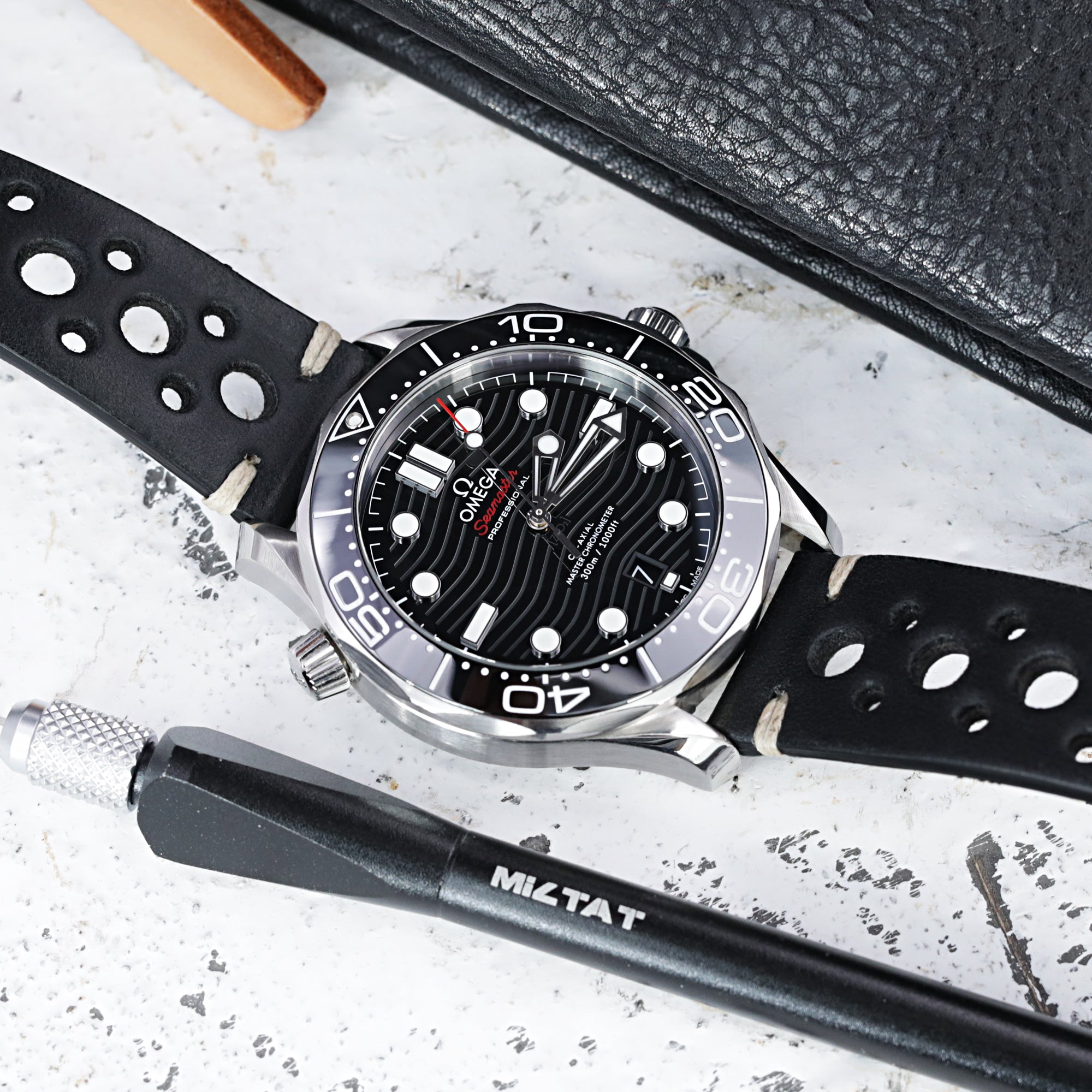 20mm Black Italian Handmade Racer Watch Band, Beige Stitching, P Buckle Strapcode Watch Bands