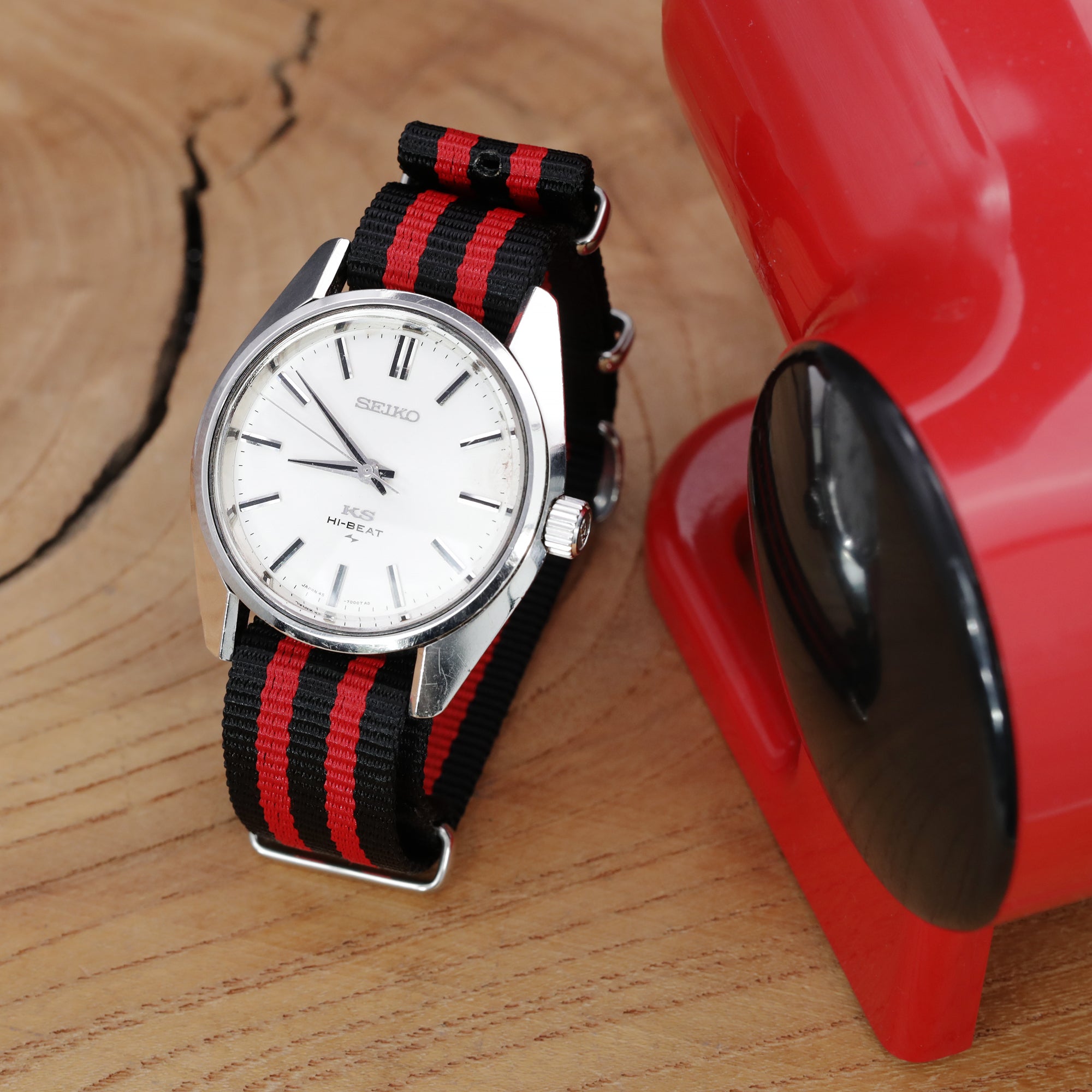 18mm or 22mm One-piece James Bond Heavy Nylon Strap Polished Buckle - J03 Double Black & Red