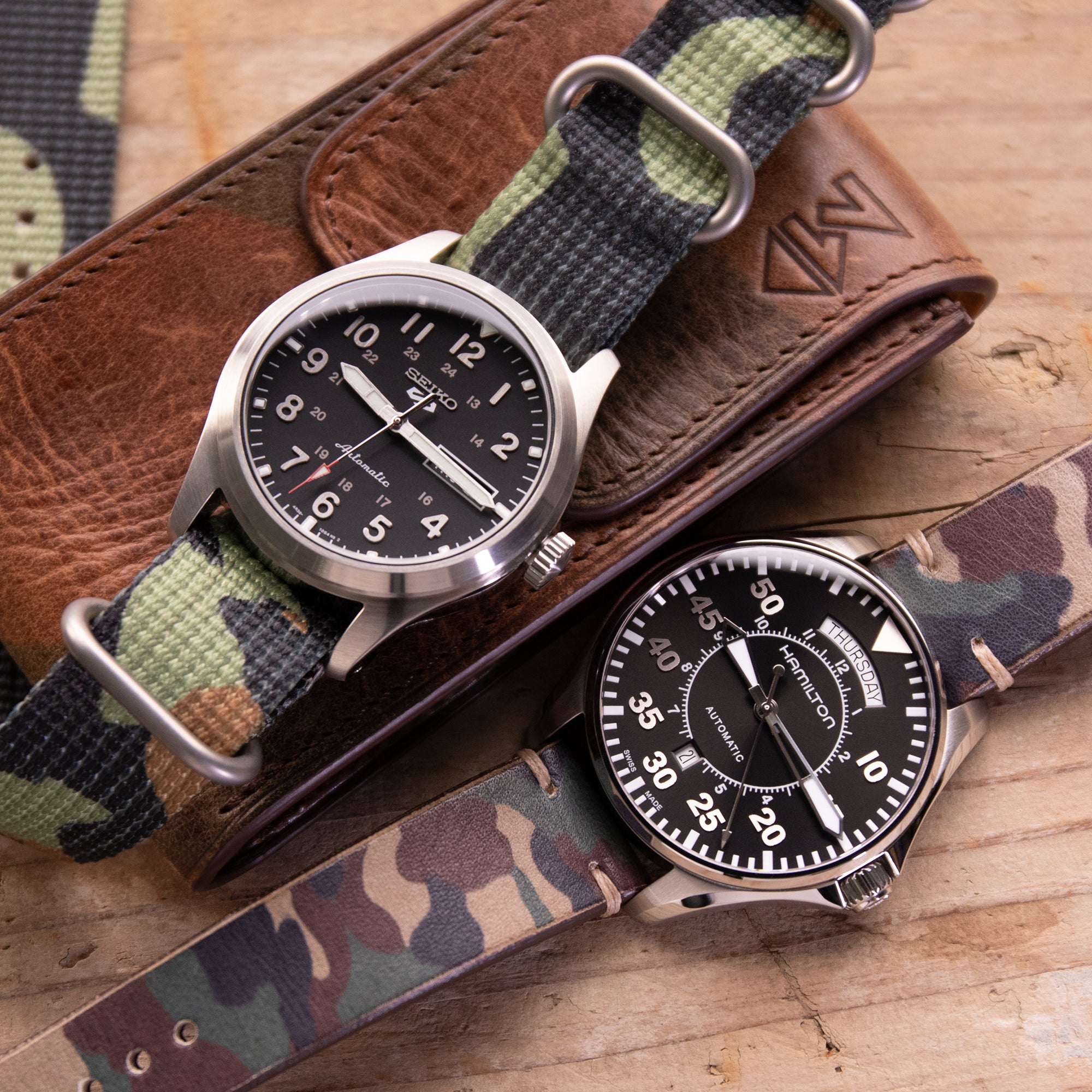Seiko 5 Sports Field watch and Hamilton Khaki Field automatic paired Camo watch bands by Strapcode