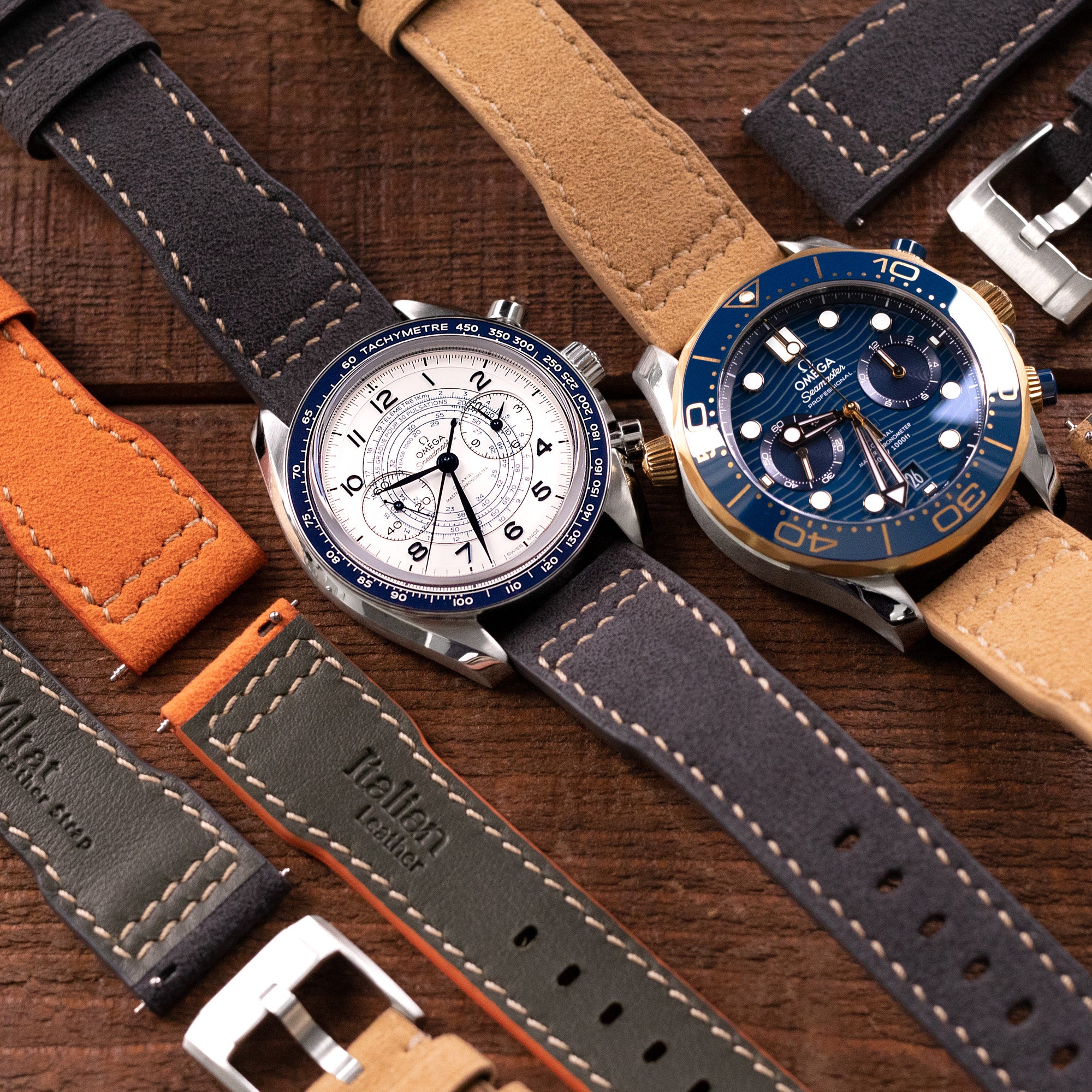 Omega and IWC watches trio of Alcantara Watch Bands by strapcode