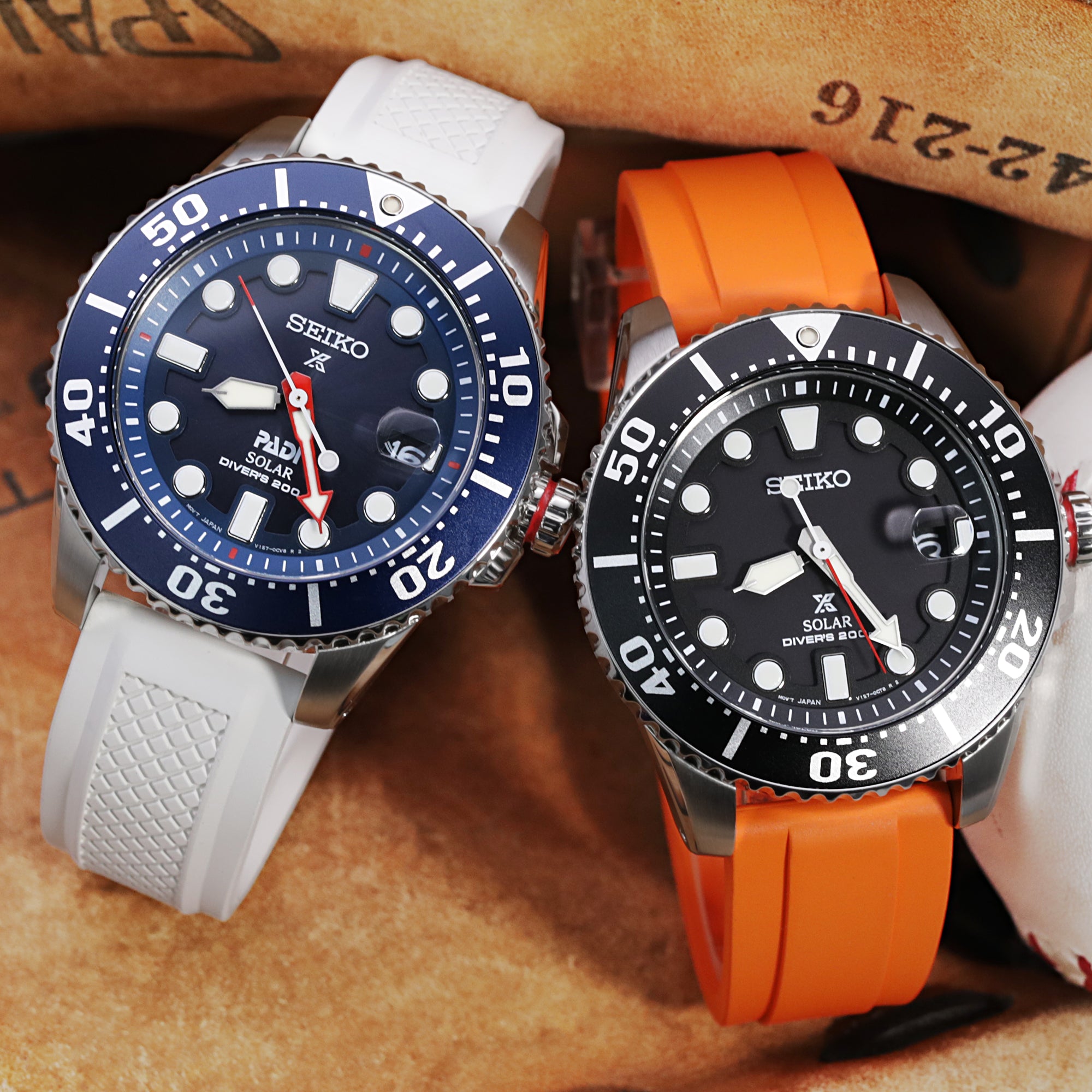 Two creations presented on a new type of fabric strap made especially for  Prospex diver's watches.