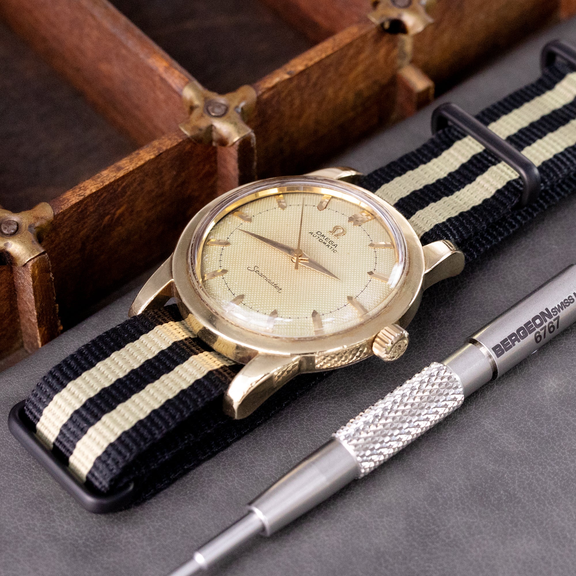 1952 Omega Gold Capped Seamaster Bumper Caliber 354 Honeycomb Dial  Nato watch band by Strapcode