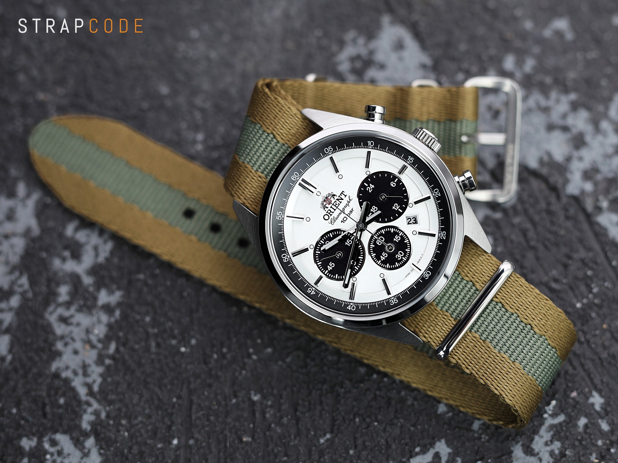 Orient Panda Neo 70s Chronograph pairs Military style One-piece Watch Strap from Strapcode 