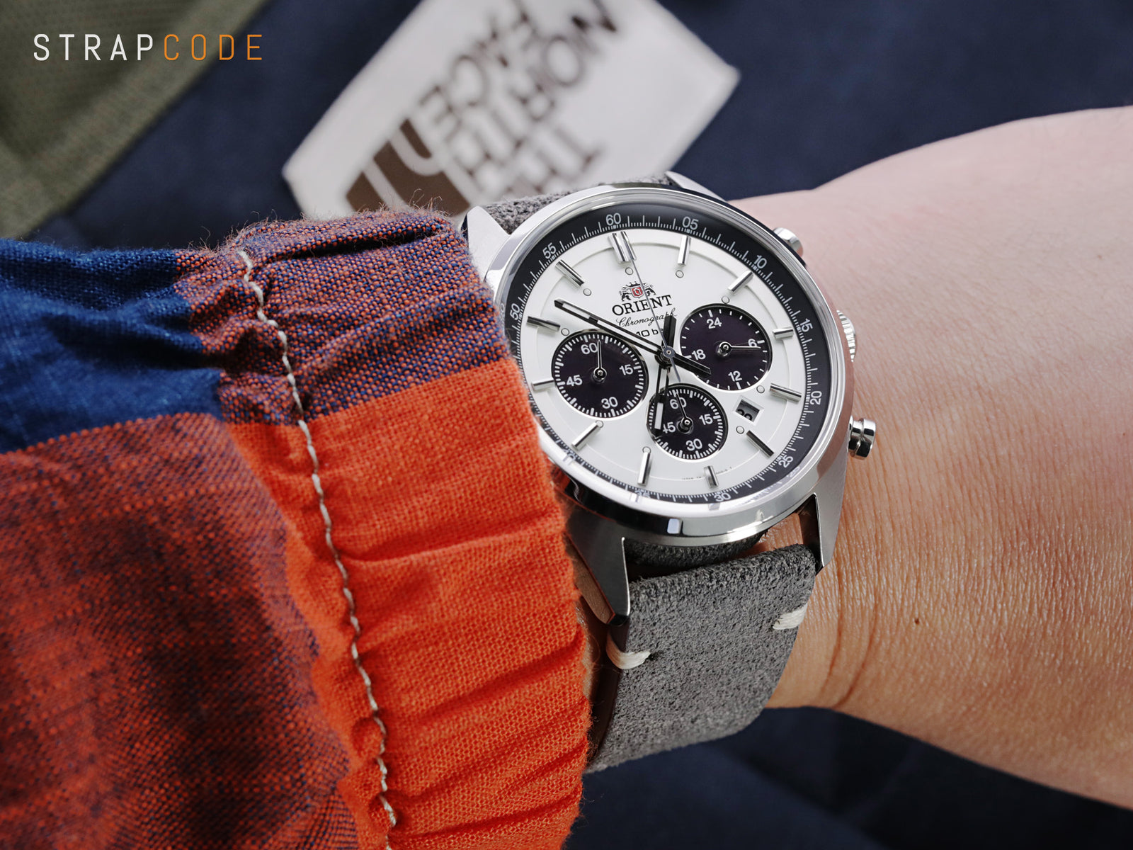 Orient Panda Neo 70s Chronograph pairs Grey Suede leather watch strap from Strapcode 