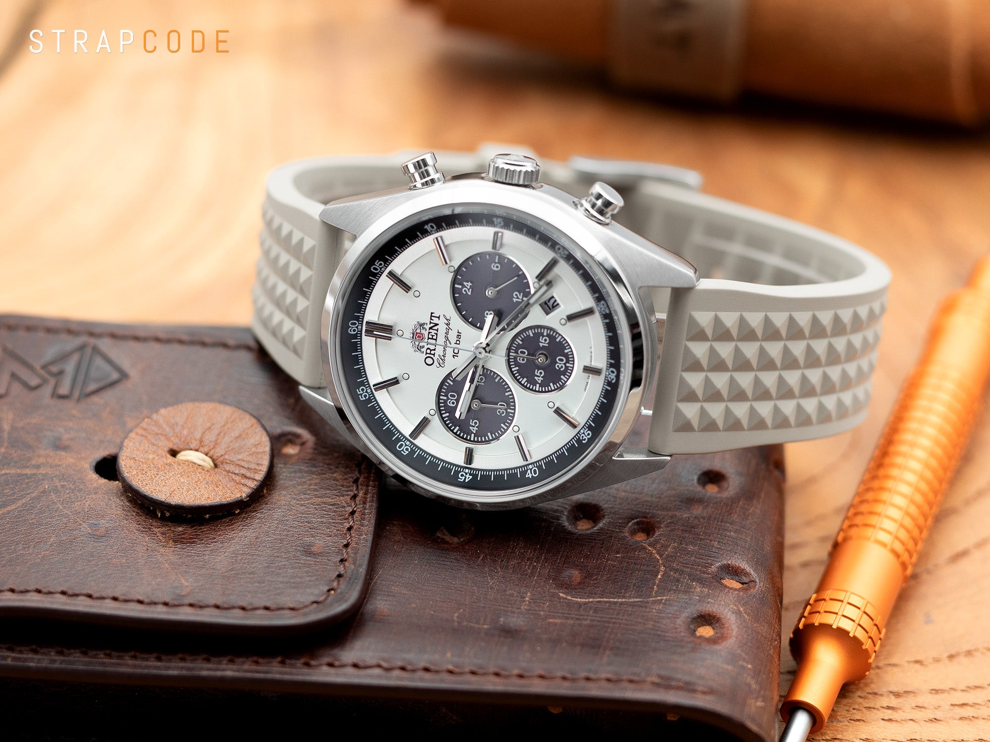 Orient Panda Neo 70s Chronograph pairs Chaffle FKM Rubber watch strap from Strapcode 