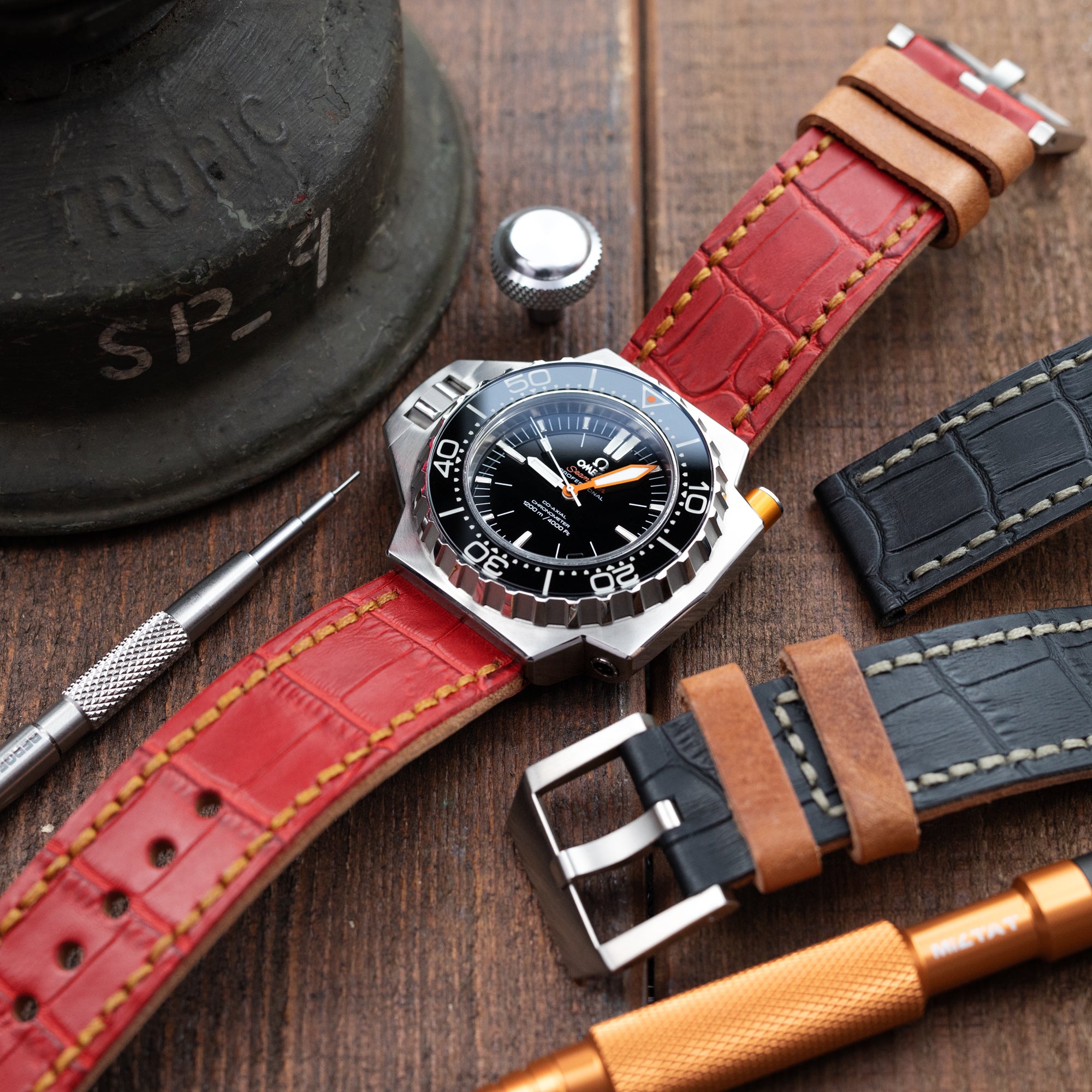 24mm MiLTAT Antipode Watch Strap Matte Red CrocoCalf in Tan Hand Stitches Strapcode Watch Bands