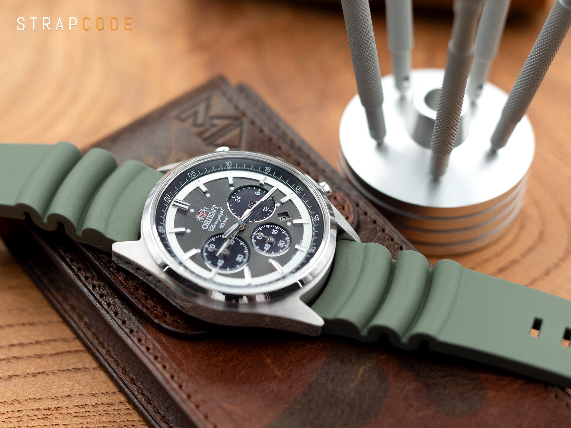 Orient Panda Neo 70s Chronograph pairs Firewave Resilient Curved End FKM rubber Watch Strap from Strapcode 
