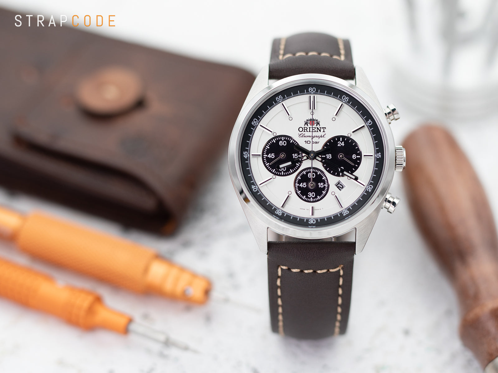 Orient Panda Neo 70s Chronograph pairs Dark Brown Semi-matte Leather Watch Band from Strapcode 