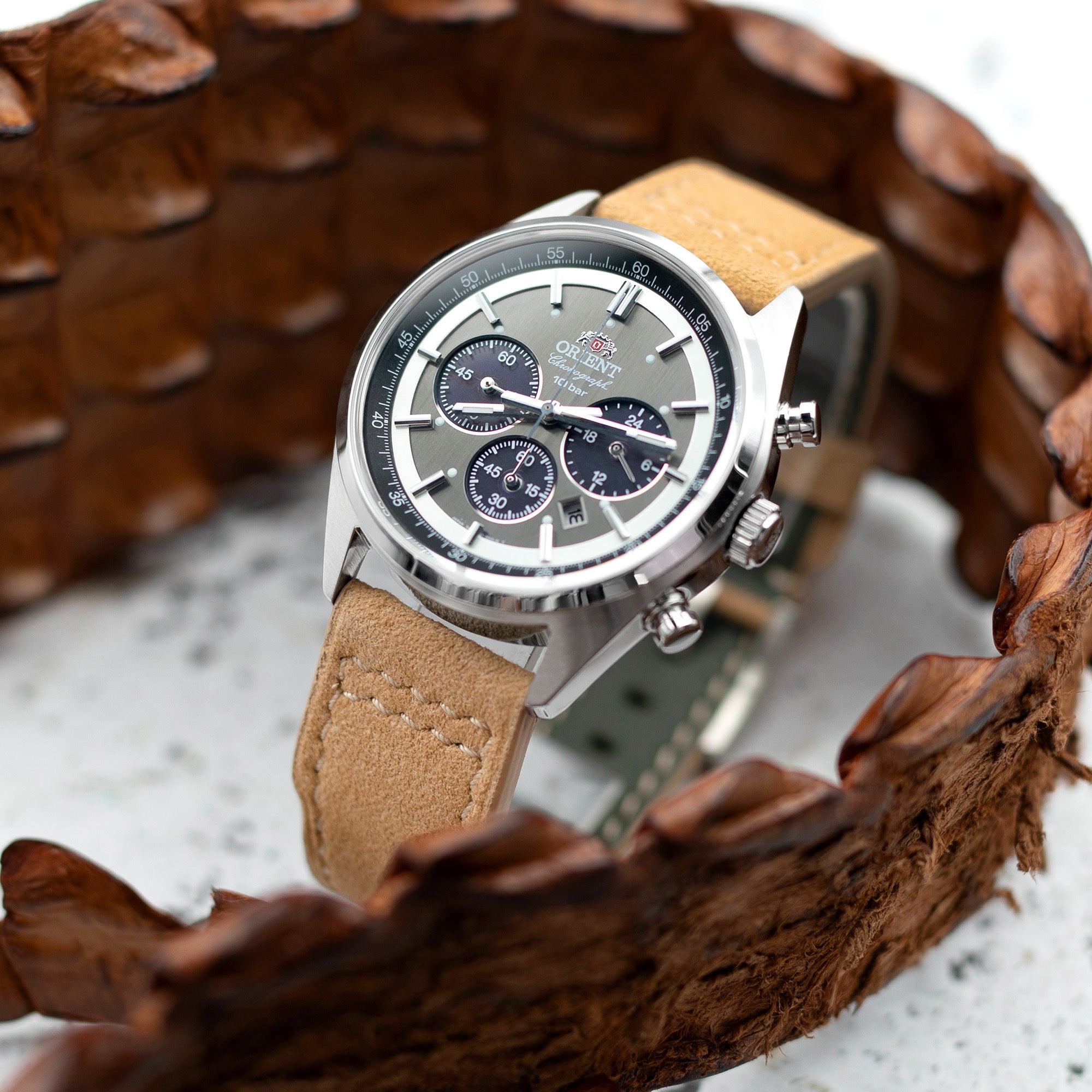 Orient Panda Neo 70s Chronograph pairs Alcantara Fabric Watch Band from Strapcode 
