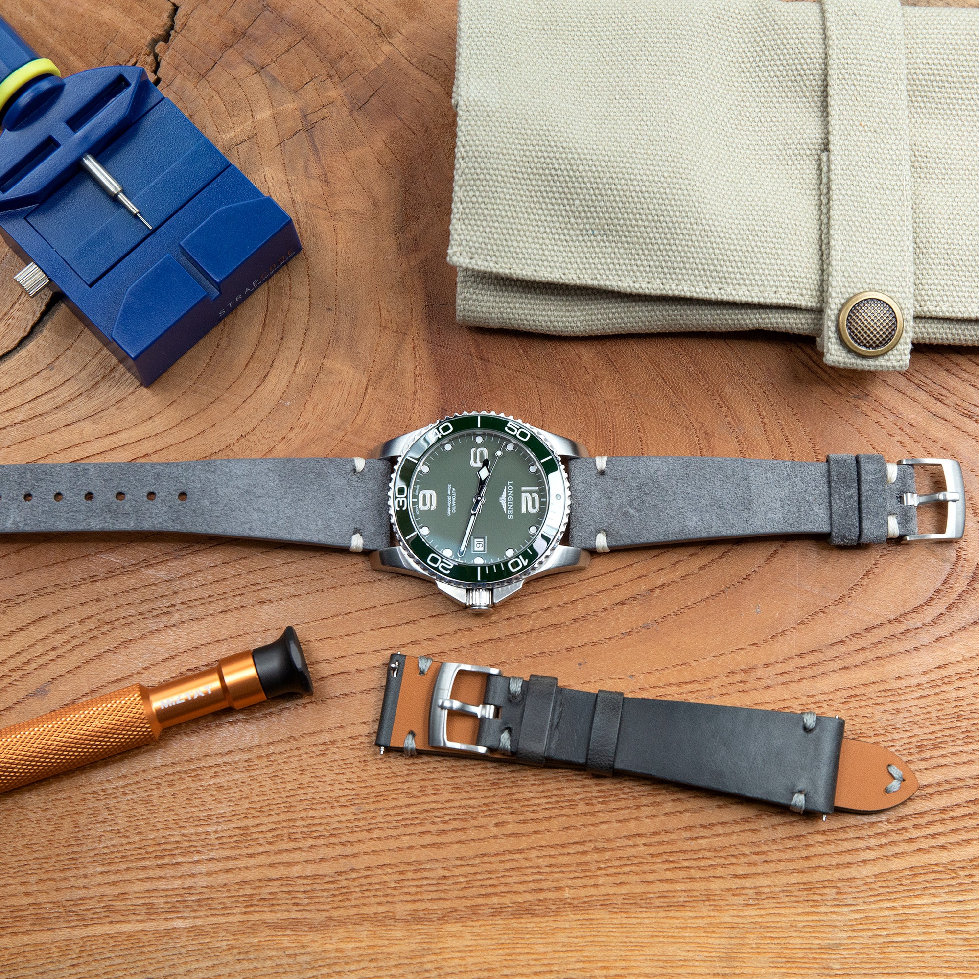 Q.R. Grey Suede watch strap 19mm to 22mm Leather Watch Band Beige Stitch.