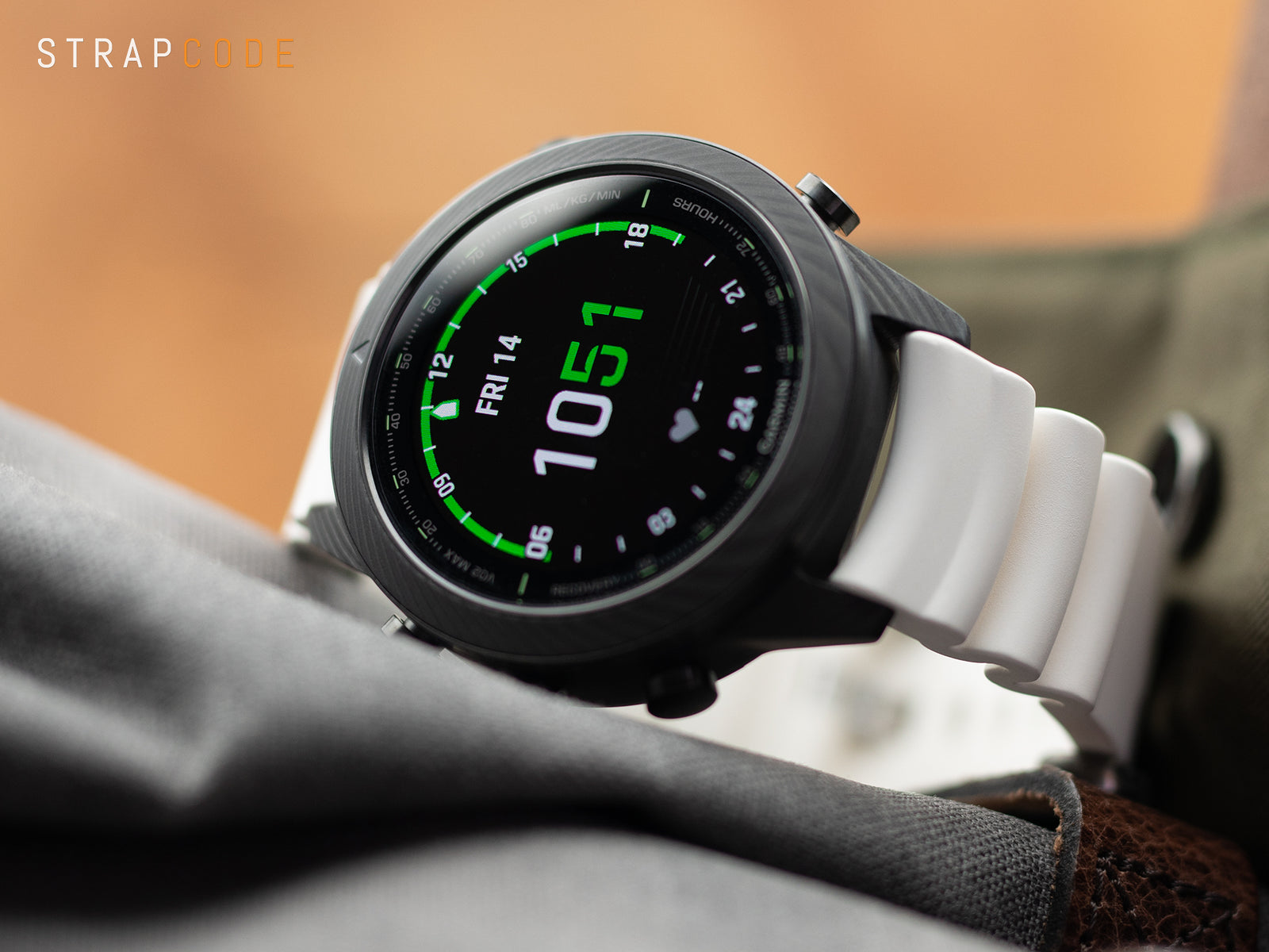 Garmin EPIX Gen 2 Sapphire Titanium GPS Watch 47 mm pairs White Q.R. Firewave Resilient Curved End FKM rubber Watch Strap from Strapcode