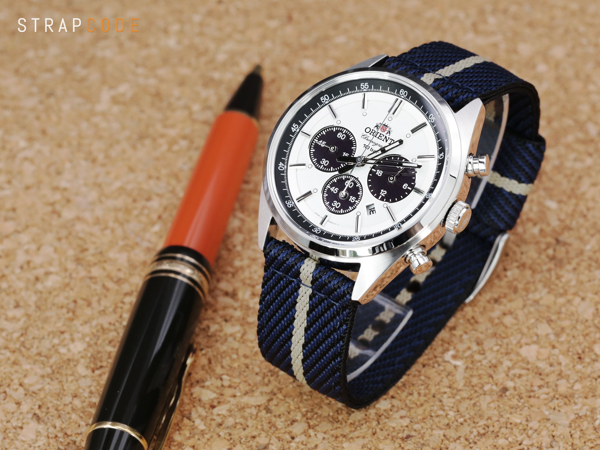 Orient Panda Neo 70s Chronograph pairs Blue & Khaki Nylon Watch Band from Strapcode 