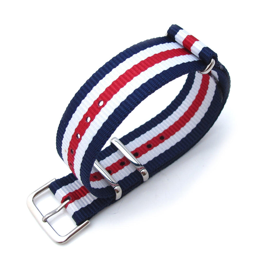 MiLTAT 18mm, 20mm or 22mm G10 military watch strap ballistic nylon armband, Polished - Navy, White &amp; Red