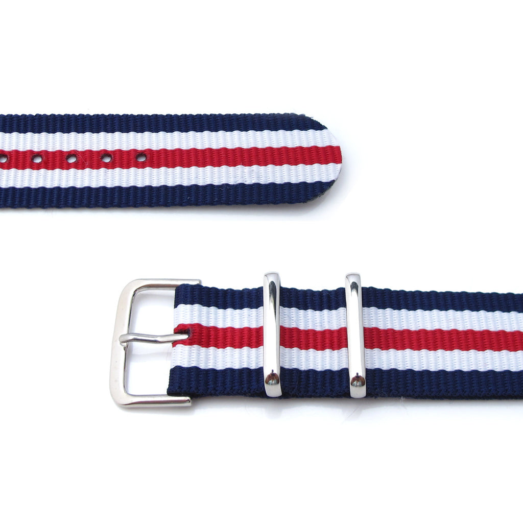 MiLTAT 18mm, 20mm or 22mm G10 military watch strap ballistic nylon armband, Polished - Navy, White & Red