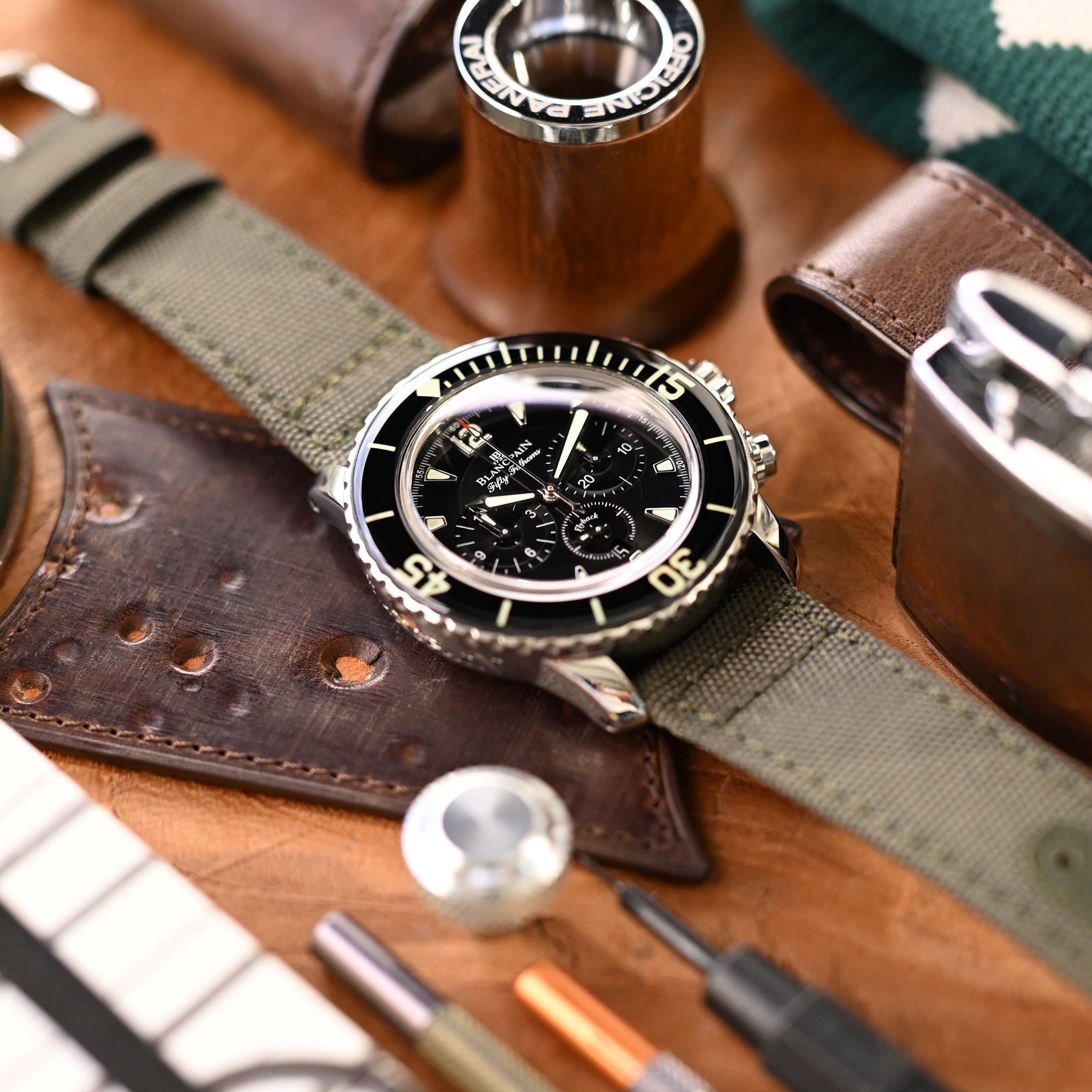 Q.R. Banda di orologi a vela verde militare con fodera in pelle, 19 mm, 20 mm o 23 mm