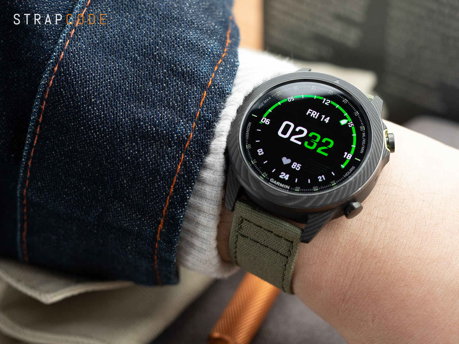 Garmin EPIX Gen 2 Sapphire Titanium GPS Watch 47 mm pairs Military Green Straight Quick Release Canvas Watch Strap from Strapcode