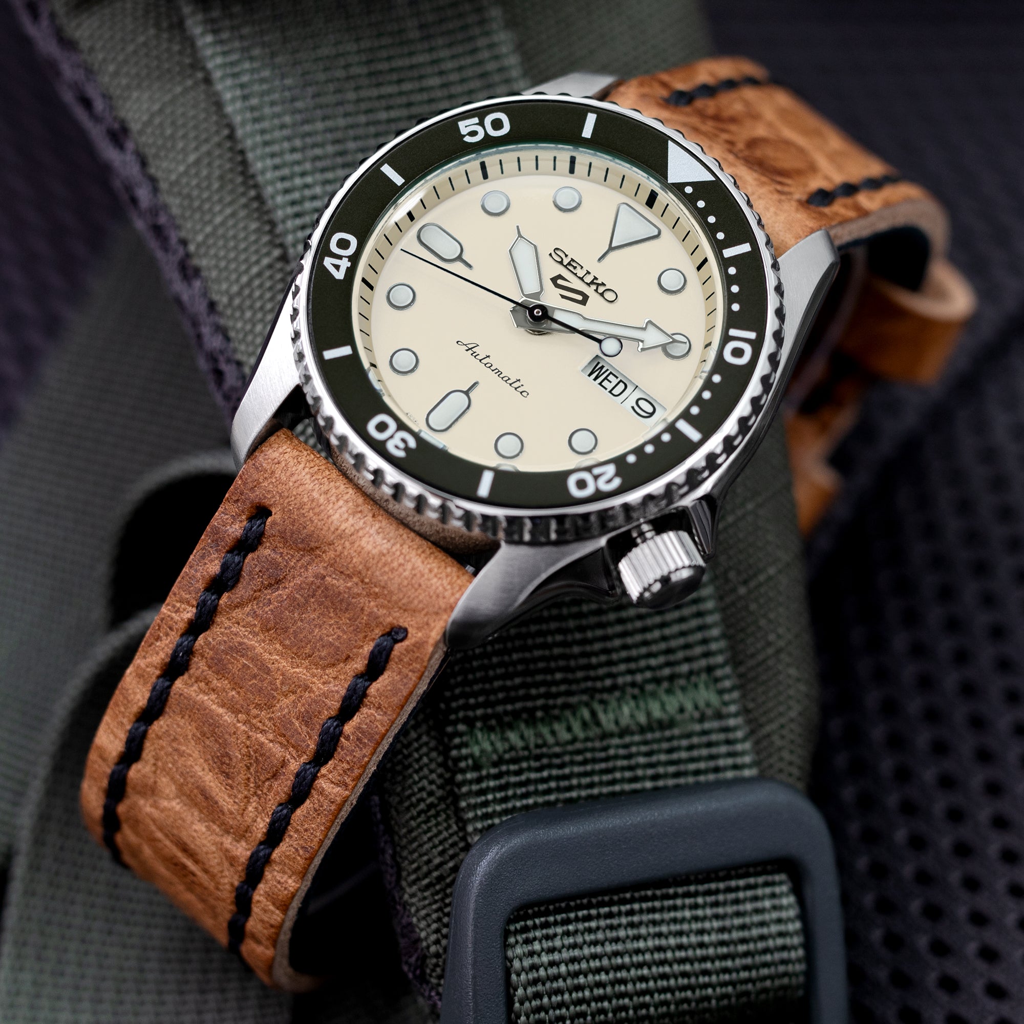 20, 21, 22mm CrocoCalf (Croco Grain) Honey Brown Watch Strap with Black Stitches Strapcode Watch Bands