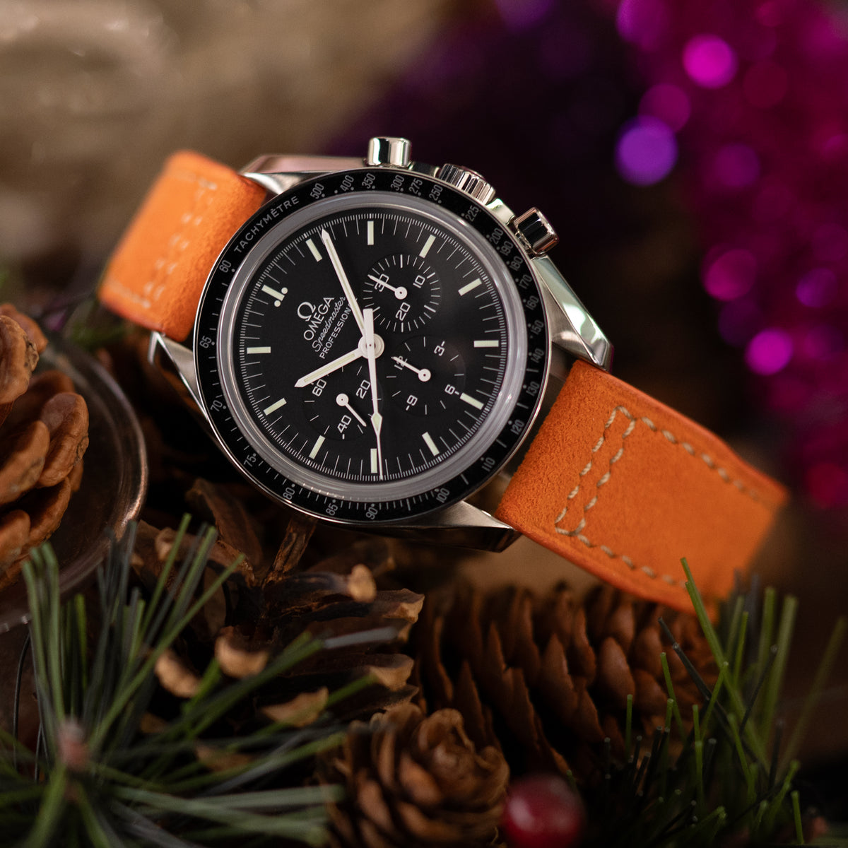 Orange Alcantara Stoff Schnellwechsel-Uhrenarmband, beige Naht, 20mm, 21mm oder 22mm