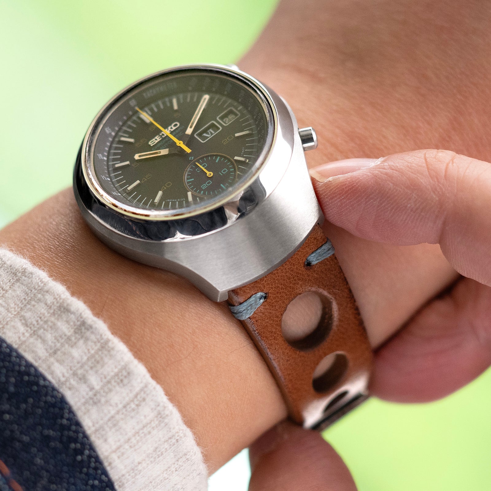 Q.R20mm ブラウン イタリア製ハンドメイド レーサー レザーバンド、ブルーSt.