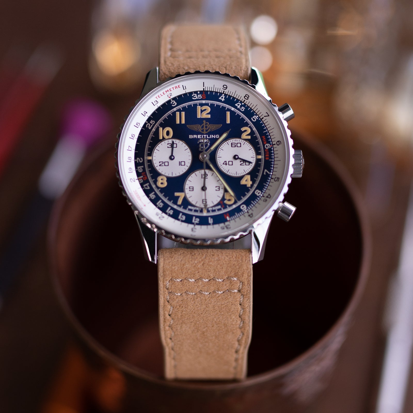 Cinturino orologio in tessuto Alcantara khaki, cuciture beige, sgancio rapido, 20mm, 21mm o 22mm