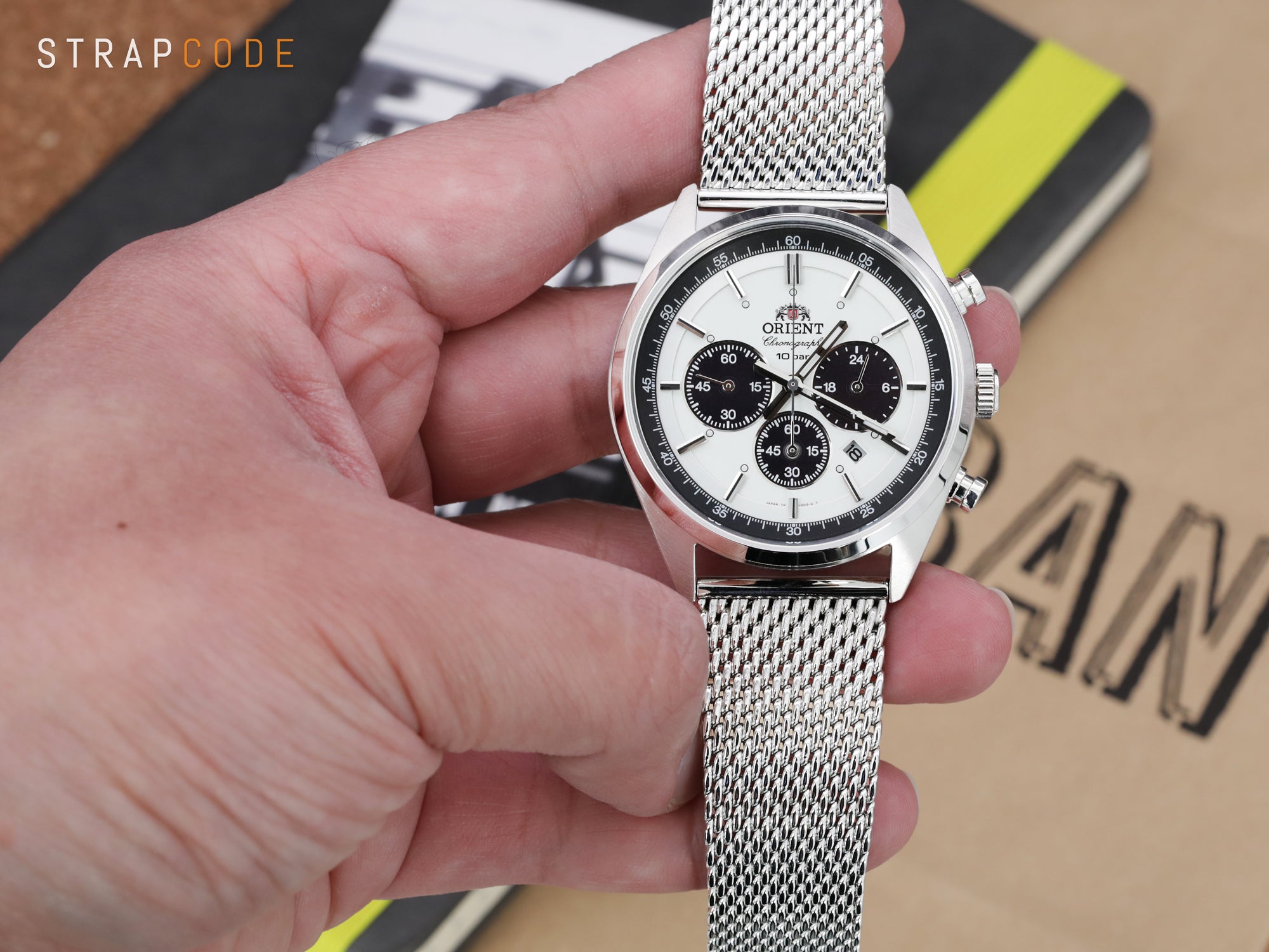 Orient Panda Neo 70s Chronograph pairs Tapered Milanese Mesh Watch Band from Strapcode 