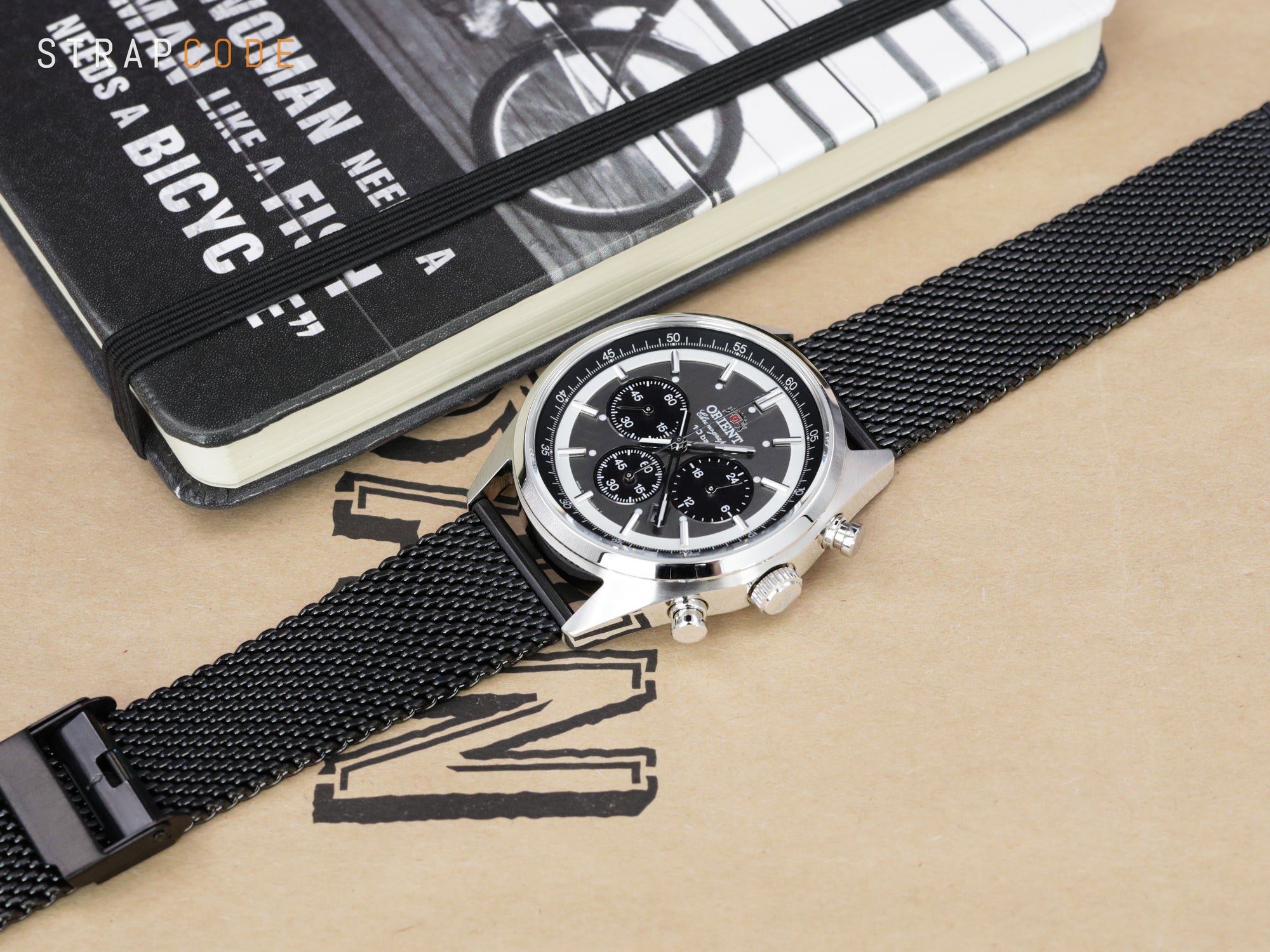 Orient Panda Neo 70s Chronograph pairs Milanese Mesh Watch Band with PVD Black hardware from Strapcode 