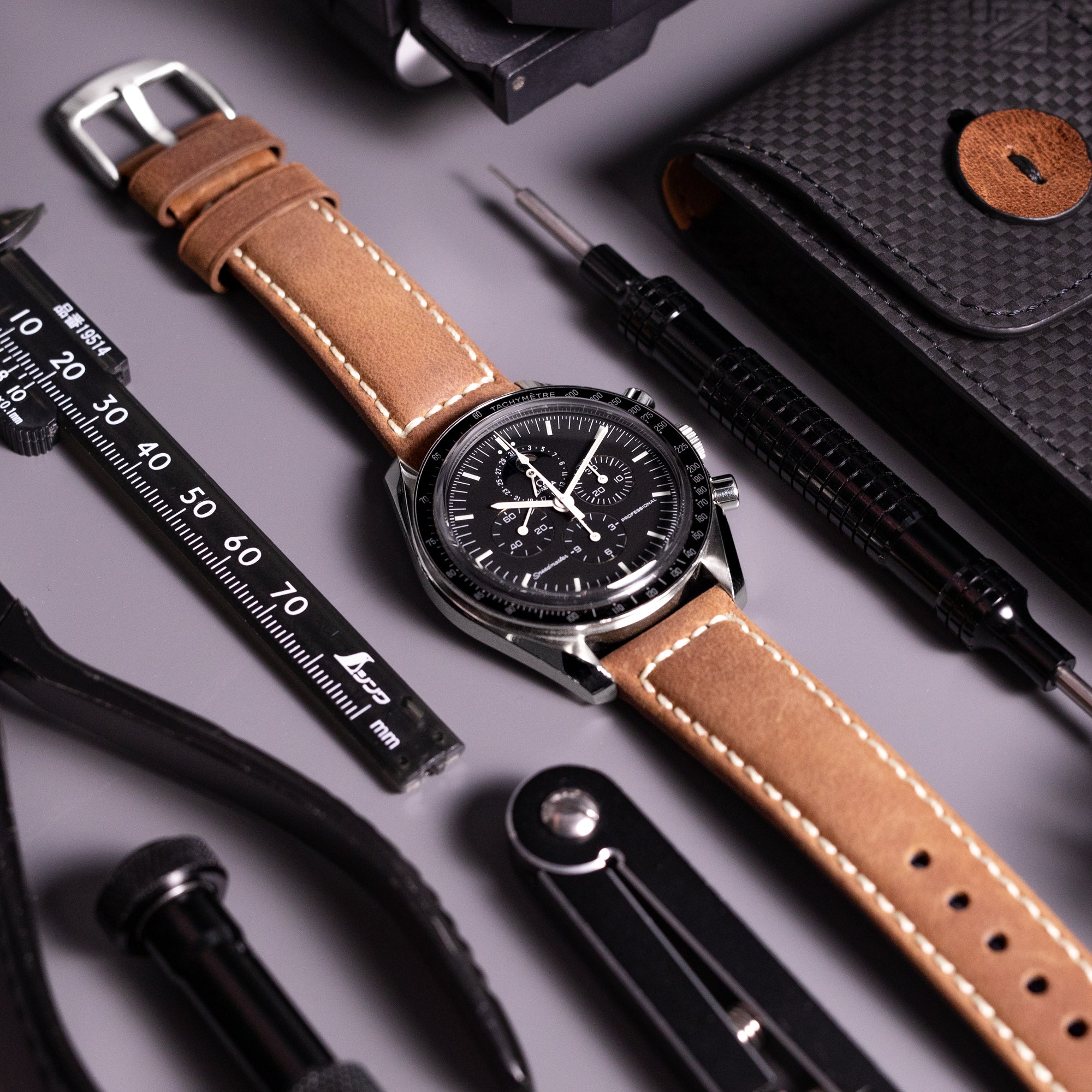 MiLTAT 20mm Mud Brown Nubuck Leather Watch Strap, Beige Stitching Strapcode Watch Bands