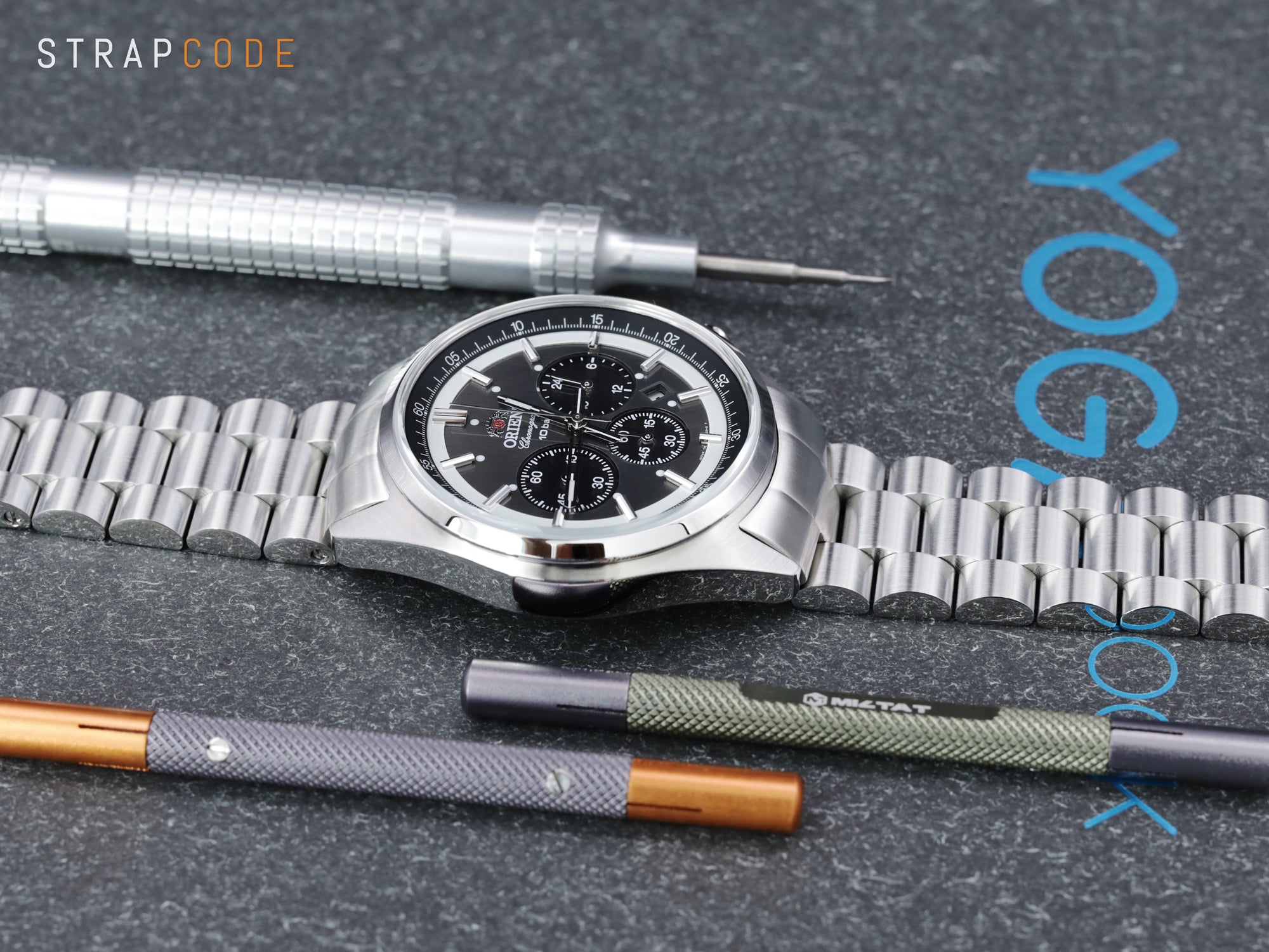 Orient Panda Neo 70s Chronograph pairs Endmill Watch Band from Strapcode 
