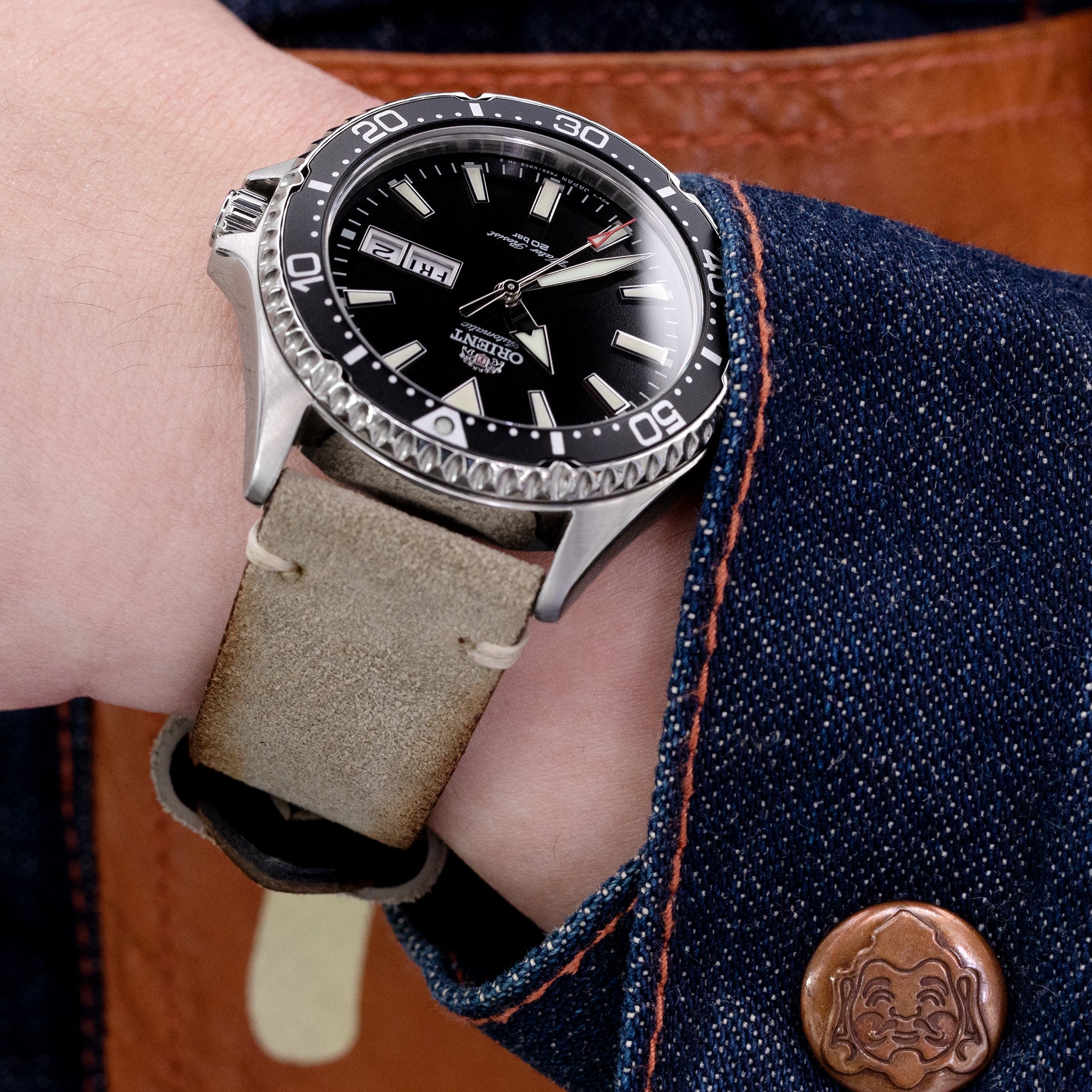22mm MiLTAT Grey Green Genuine Nubuck Leather Watch Strap, Beige Stitching, Sandblasted Buckle