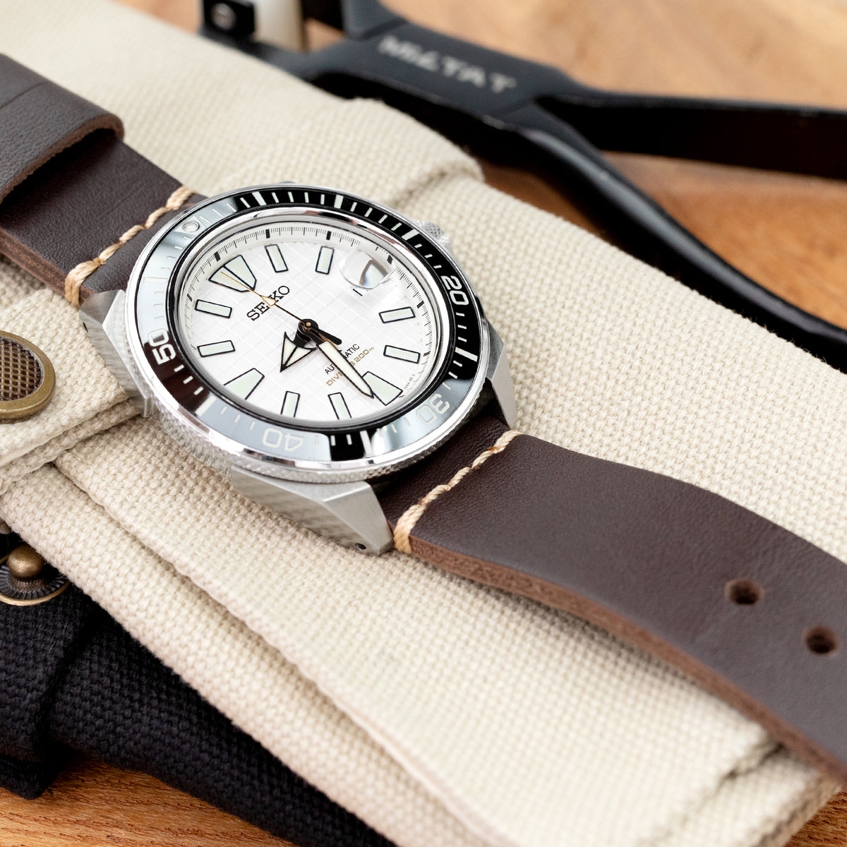 22mm Dark Brown Ammo Leather Watch Band, Brushed Buckle