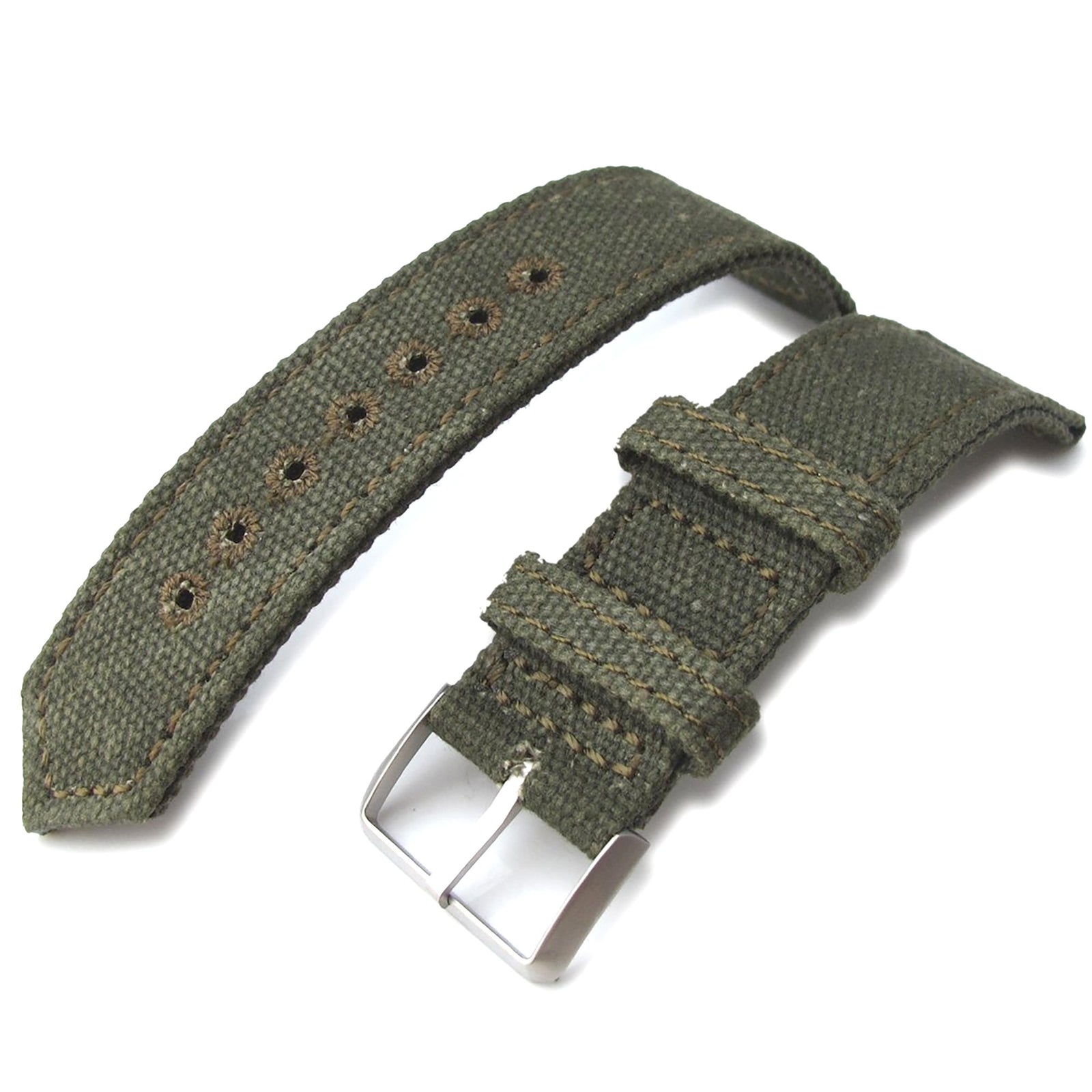 20mm, 21mm or 22mm MiLTAT WW2 2-piece Military Green Washed Canvas Armband with lockstitch round hole, Sandblasted