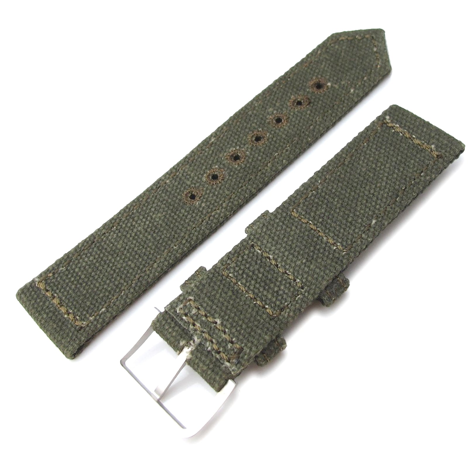 20mm, 21mm or 22mm MiLTAT WW2 2-piece Military Green Washed Canvas Armband with lockstitch round hole, Sandblasted