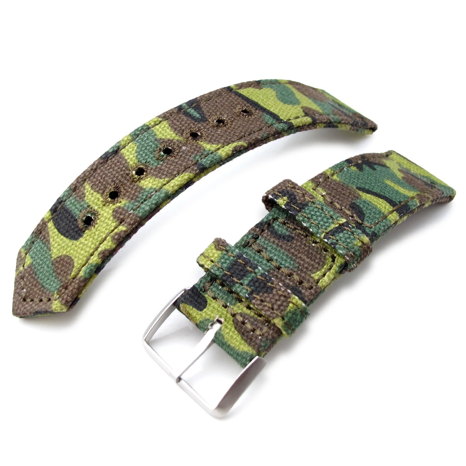 20mm, 21mm or 22mm MiLTAT WW2 2-piece ERDL Camouflage Canvas Armband with lockstitch round hole, Sandblasted