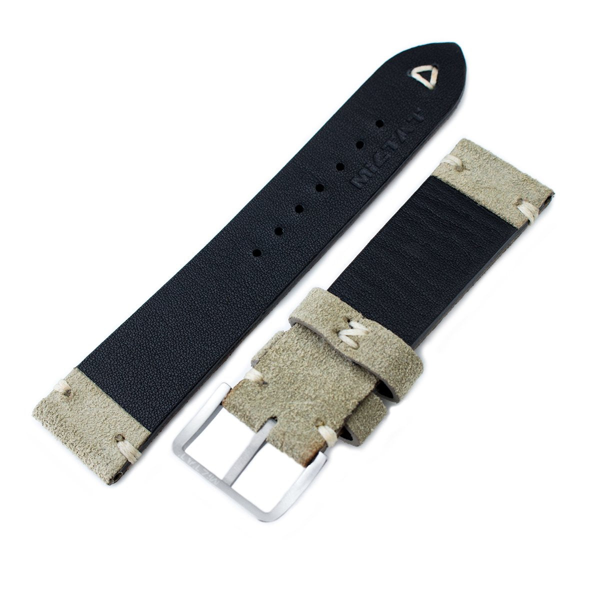 21mm MiLTAT Grey Green Genuine Nubuck Leather Watch Strap, Beige Stitching, Sandblasted Buckle