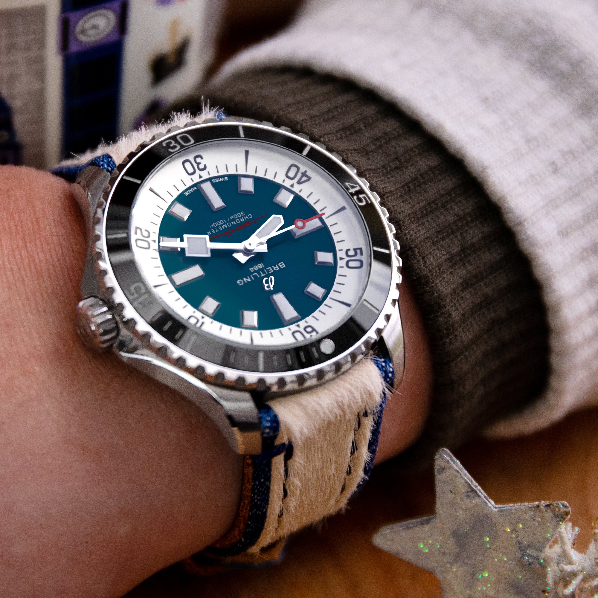 22mm MiLTAT Zizz Collection Beige Fur & Denim Watch Strap Blue Wax Hand Stitching