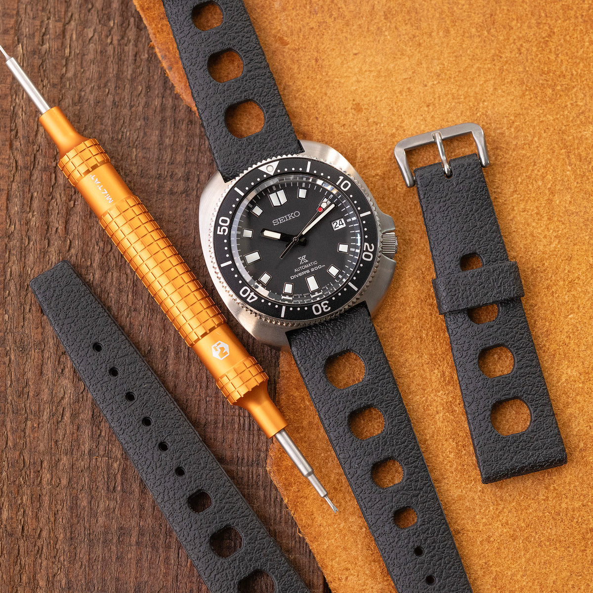20mm Black Large Holes Rally Tapered Rubber watch band