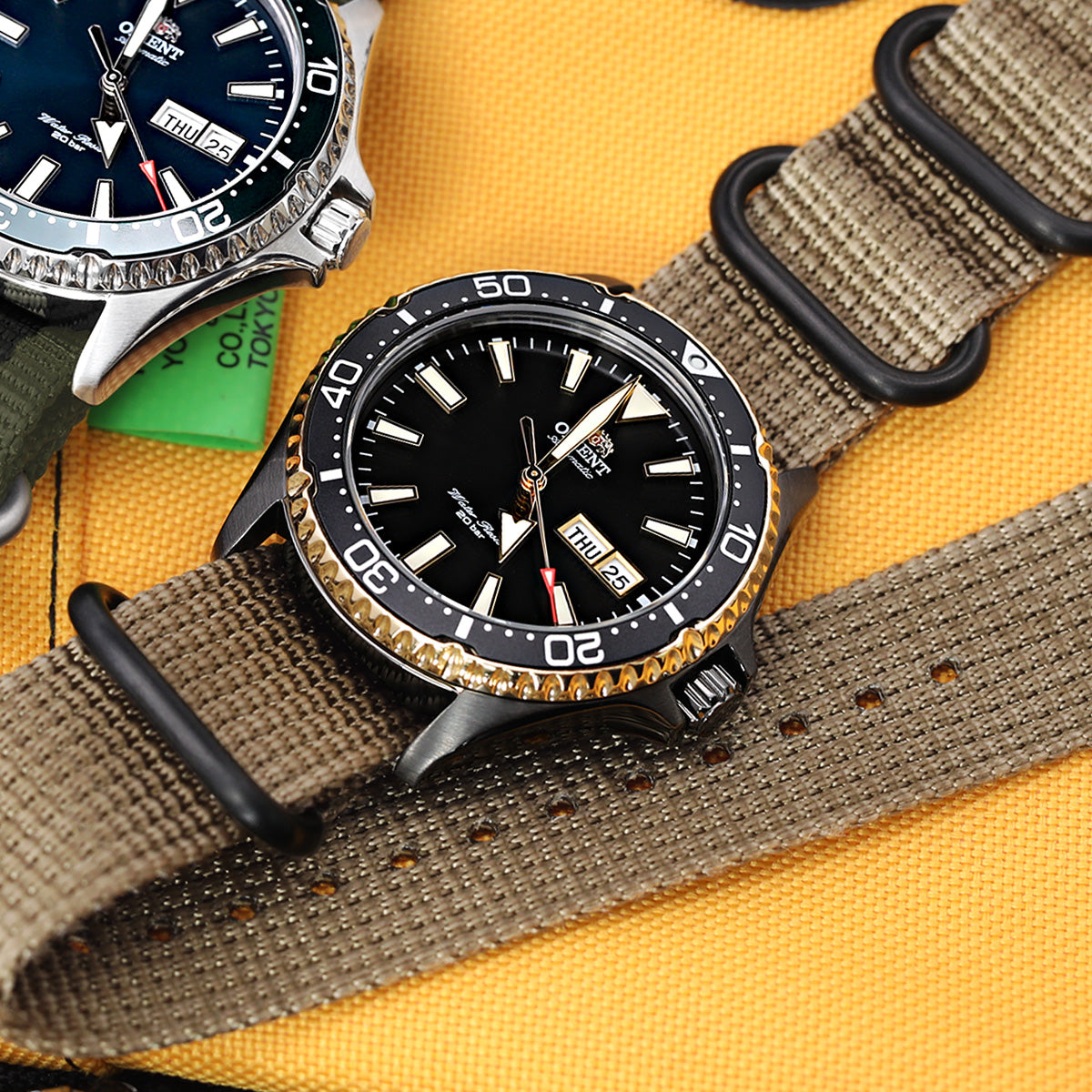 20mm, 22mm or 24mm MiLTAT 3 Rings Zulu military watch strap 3D woven nylon armband - Khaki, PVD Black Hardware