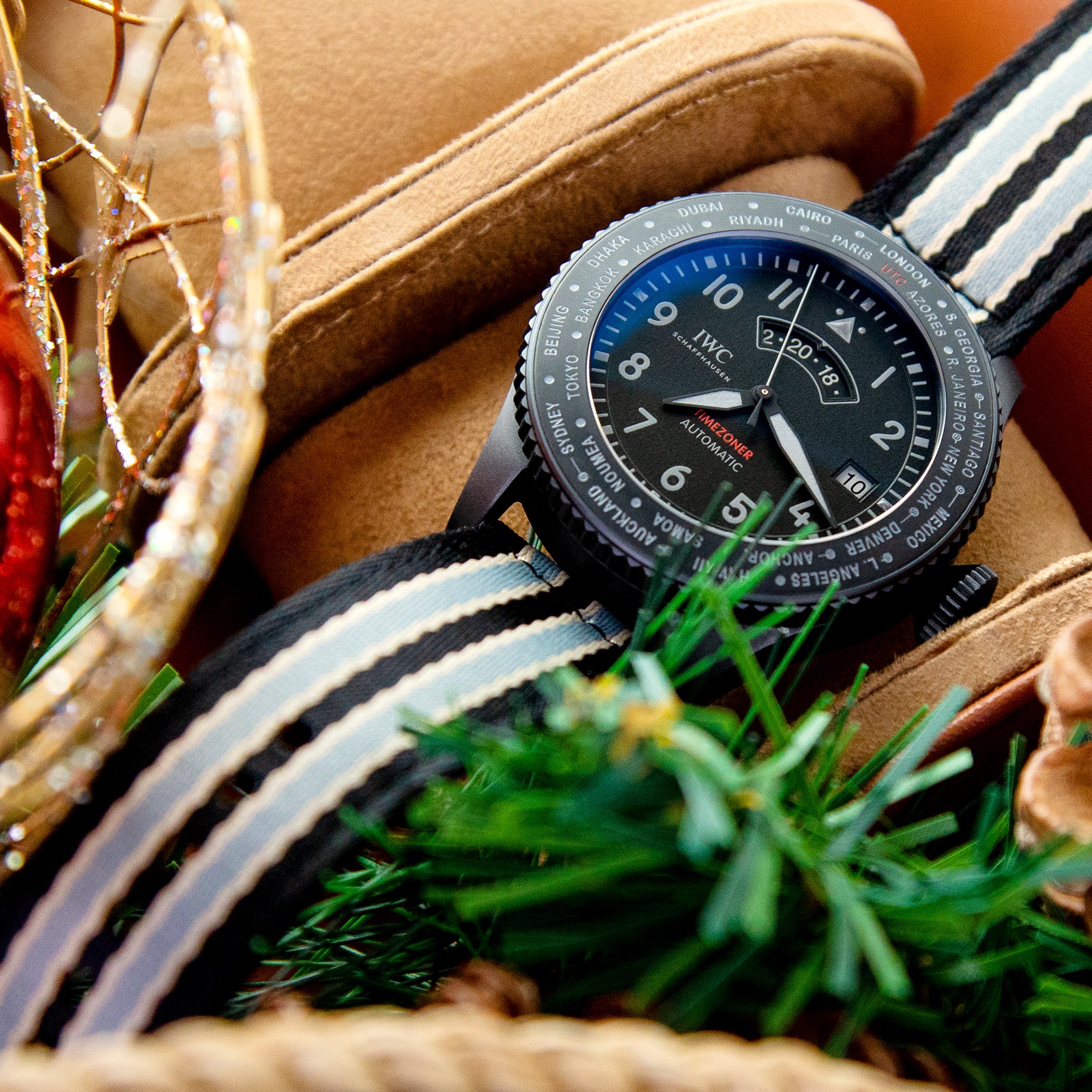 22mm 2-pcs Seatbelt Nylon Watch Band, Black, Grey and Khaki Stripes, Brushed Buckle Strapcode Watch Bands